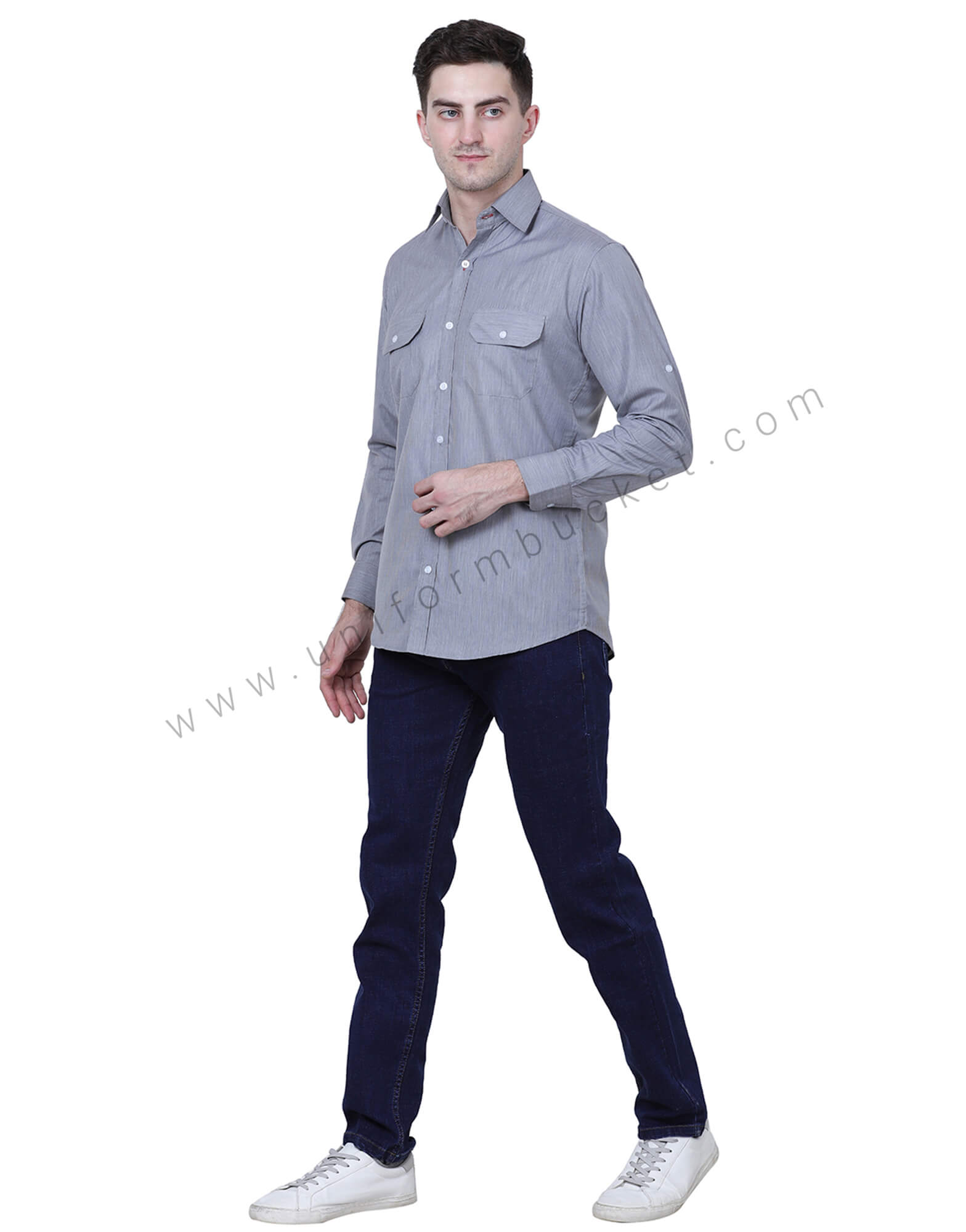 Grey Formal Shirt With Flap Pockets