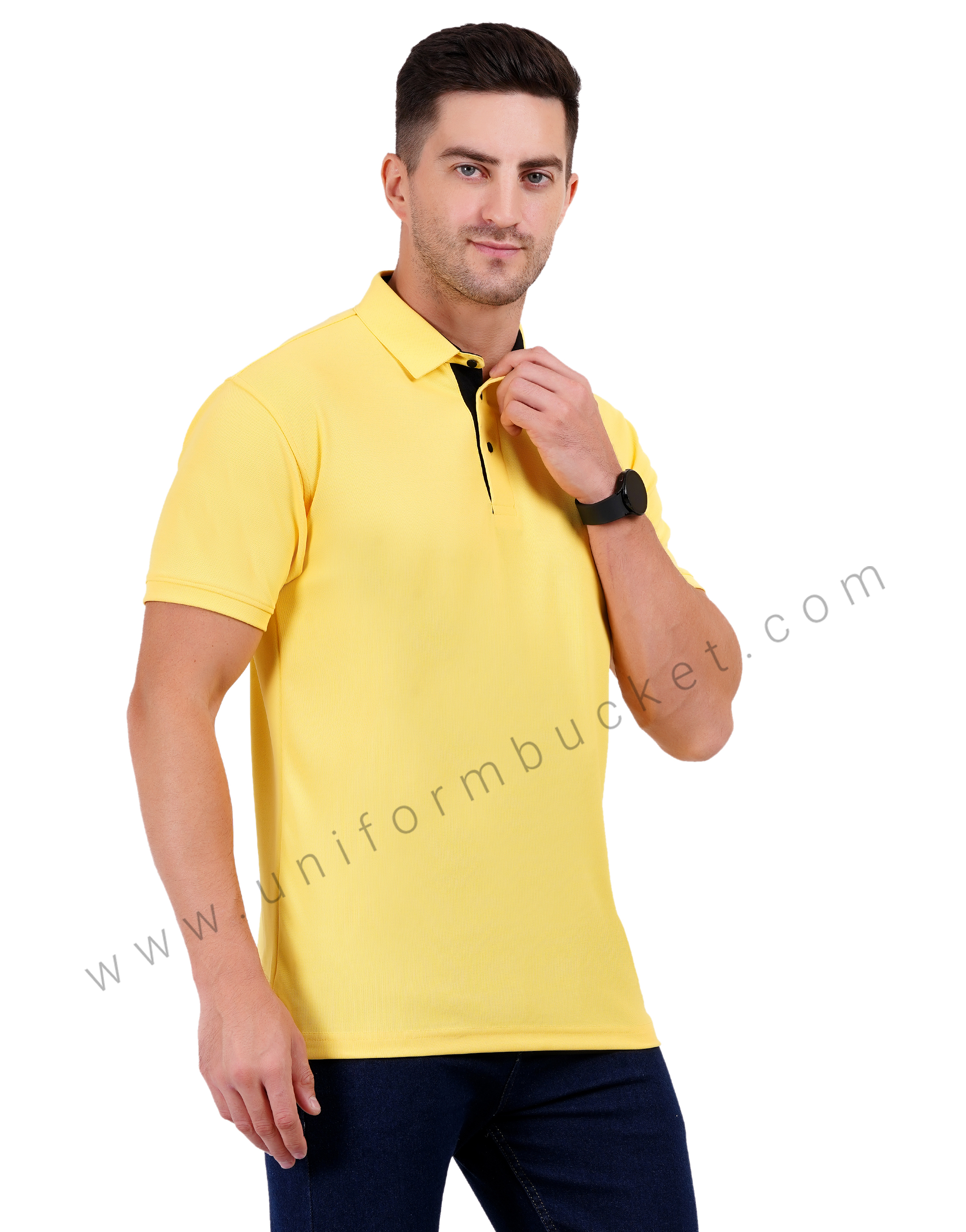 Lemon yellow polo T-shirt with black trim detailing