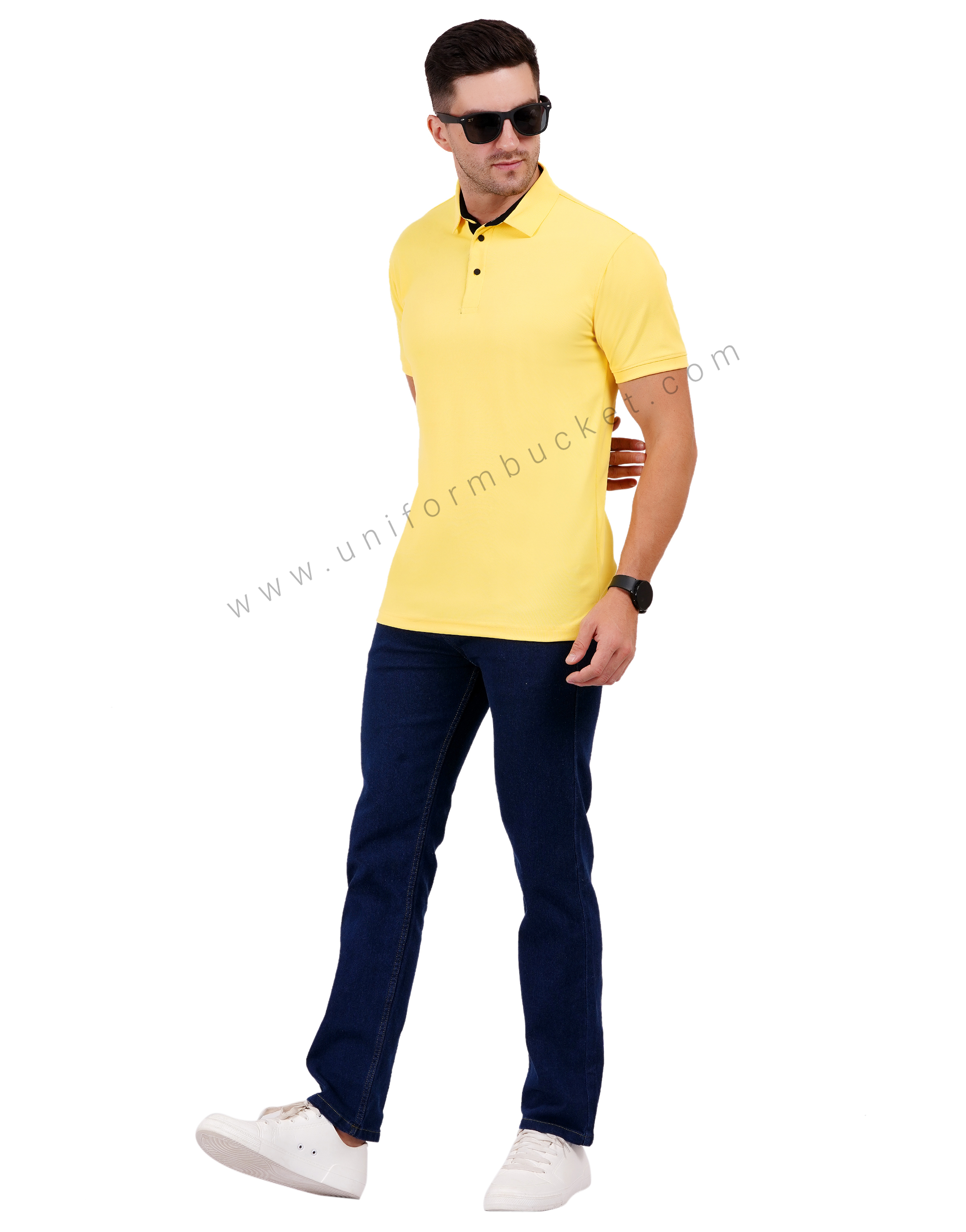 Lemon yellow polo T-shirt with black trim detailing