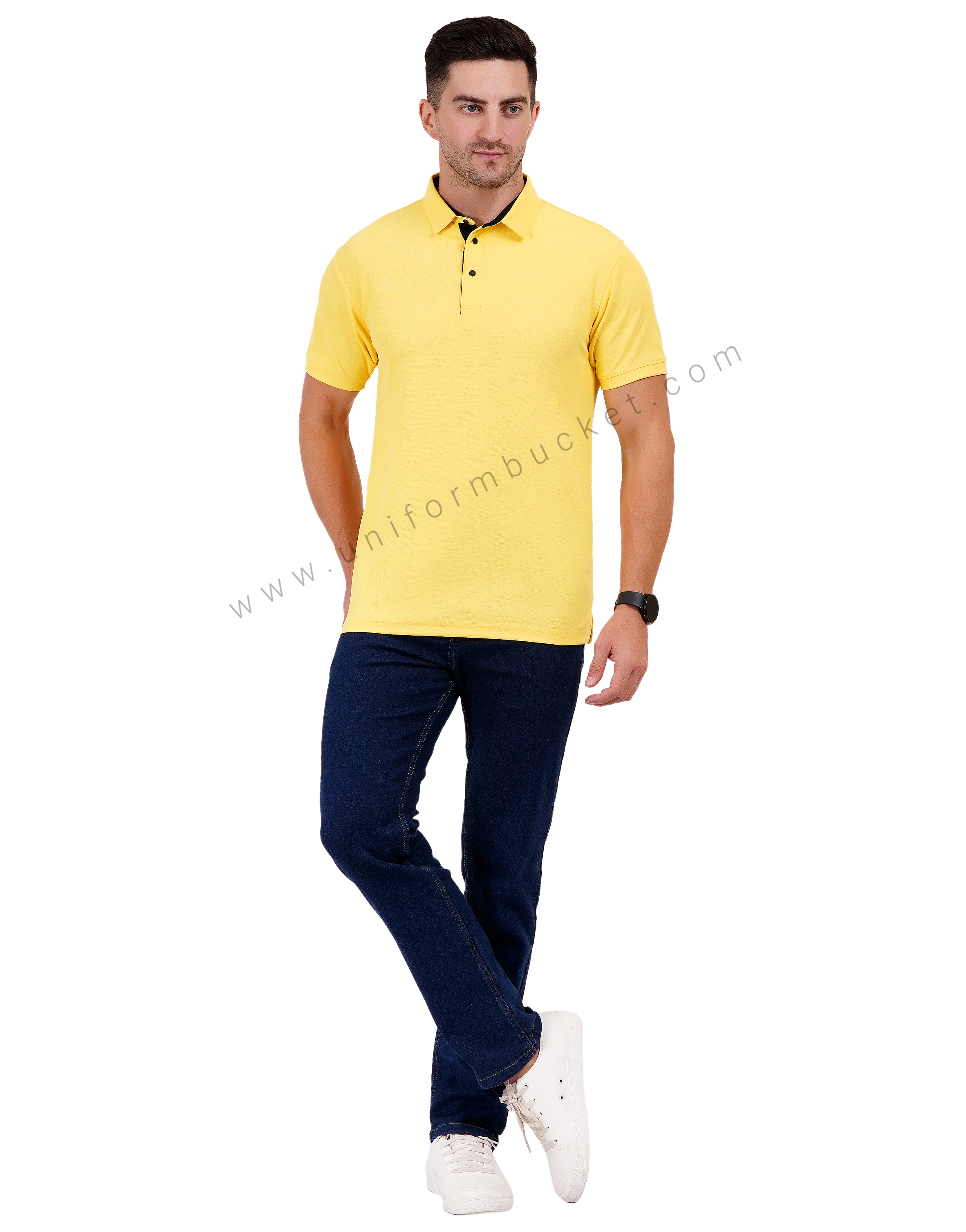 Lemon yellow polo T-shirt with black trim detailing