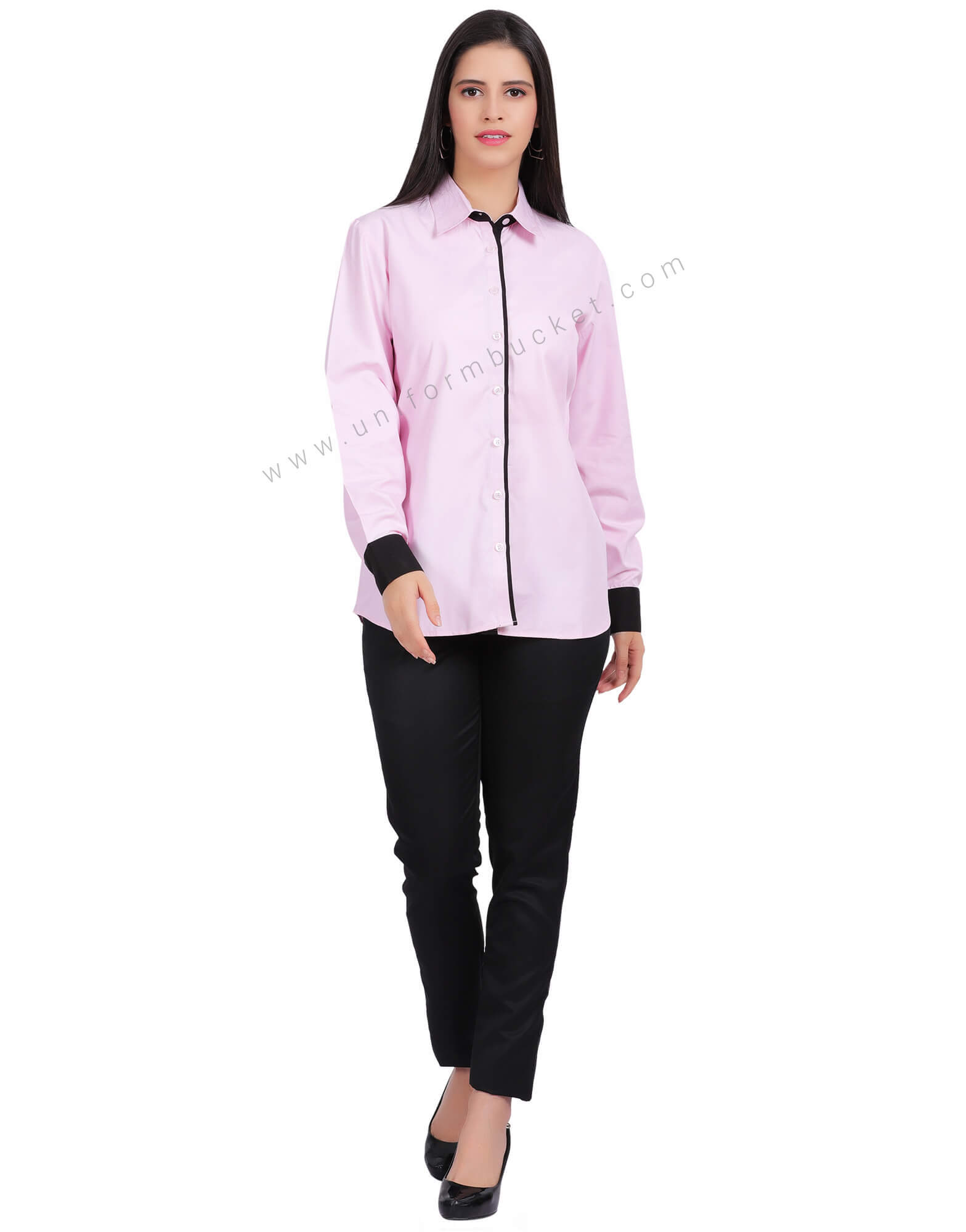 LIGHT PINK FEMALE SHIRT WITH BLACK PIPING & BLACK CUFF