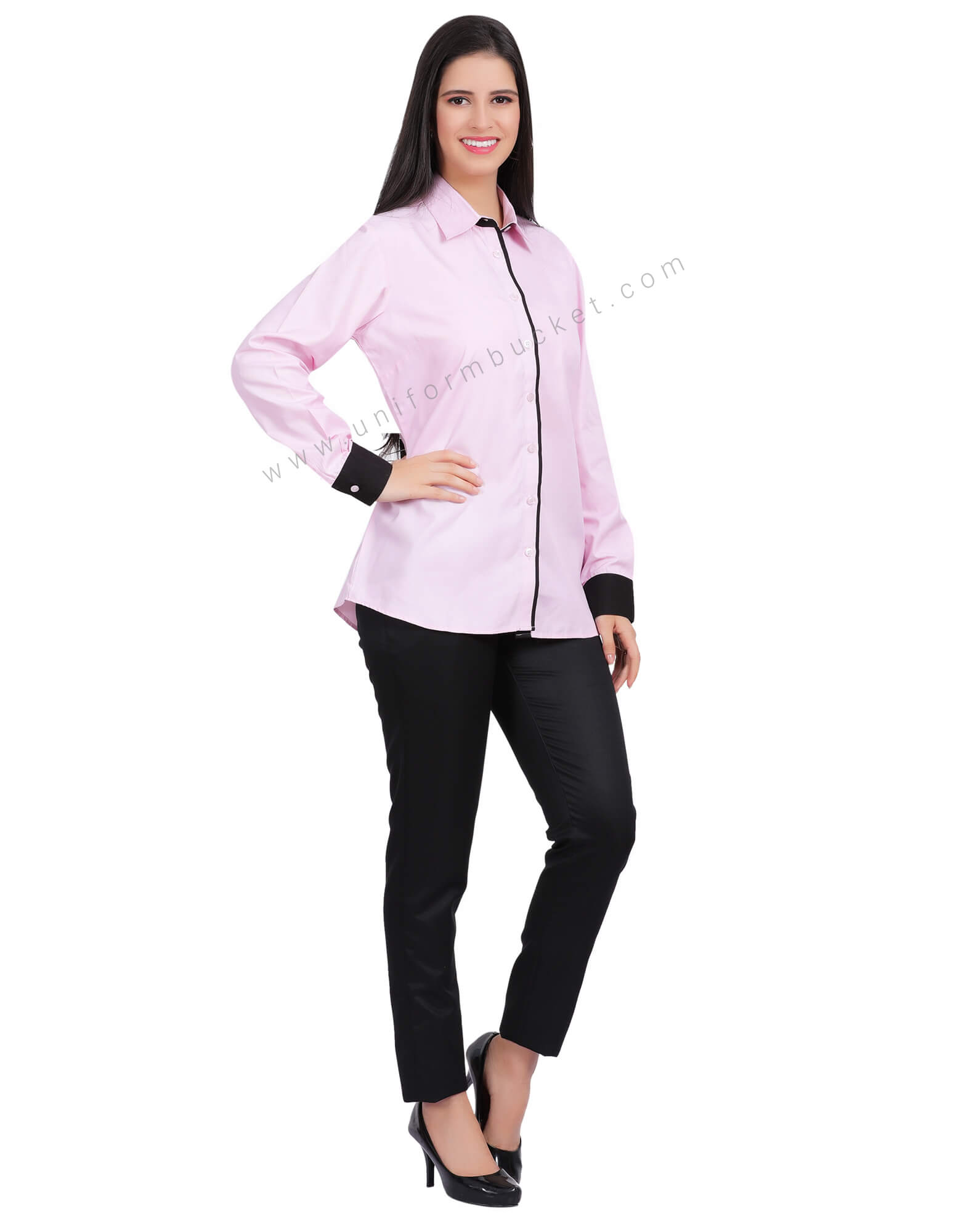 LIGHT PINK FEMALE SHIRT WITH BLACK PIPING & BLACK CUFF