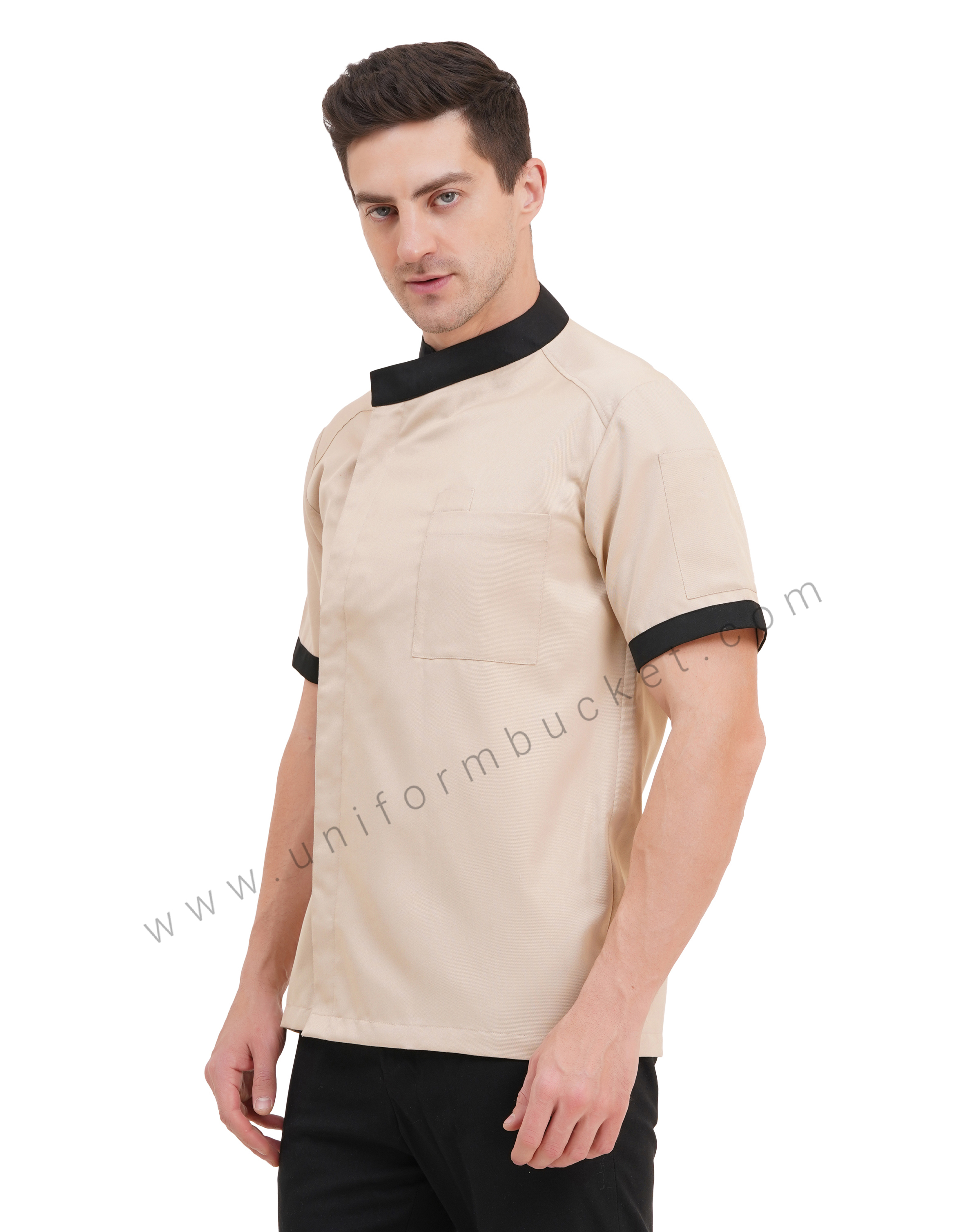 male beige & black  chef jacket with hidden buttons