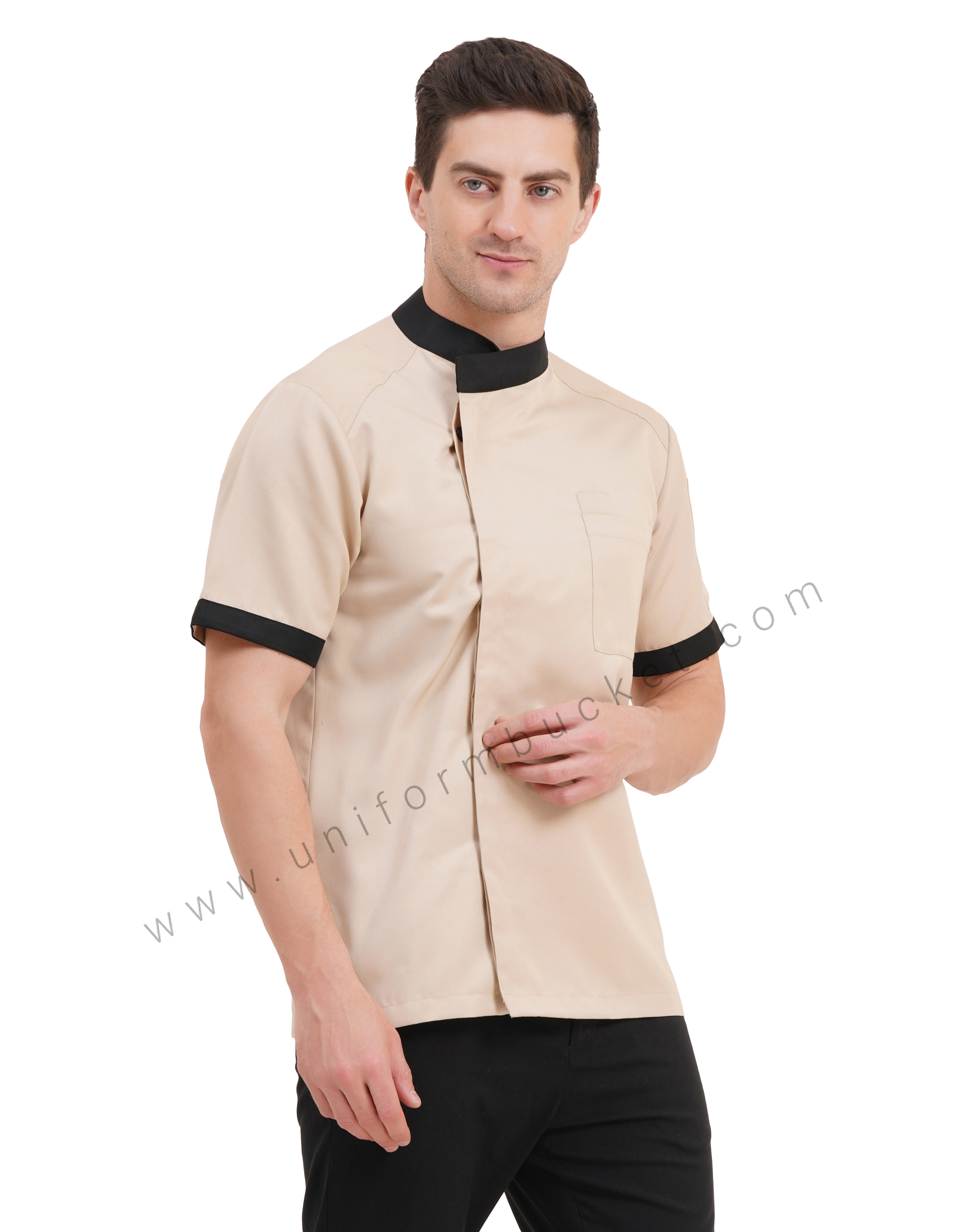 male beige & black  chef jacket with hidden buttons