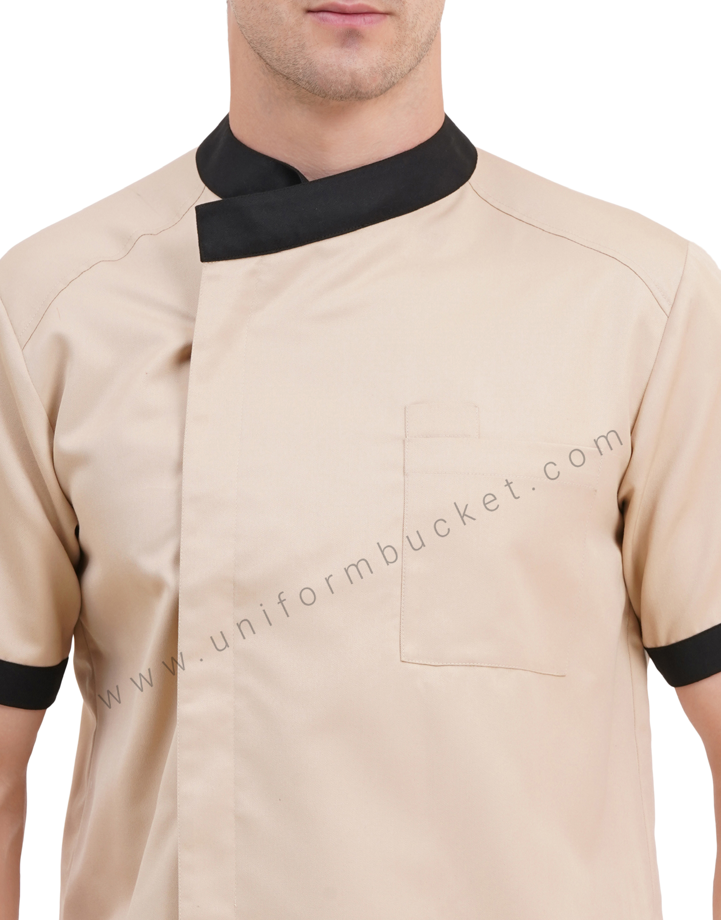 male beige & black  chef jacket with hidden buttons