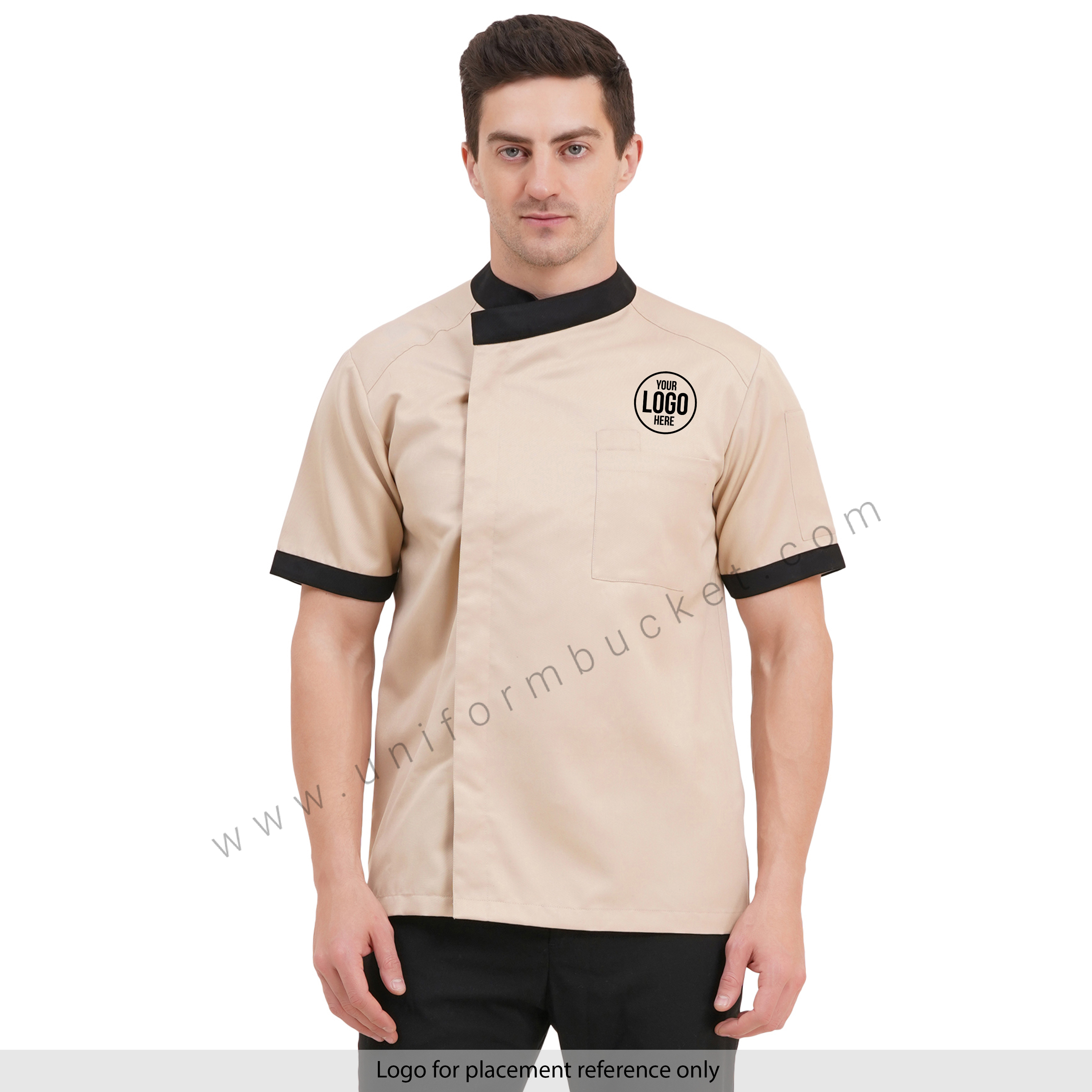 male beige & black  chef jacket with hidden buttons