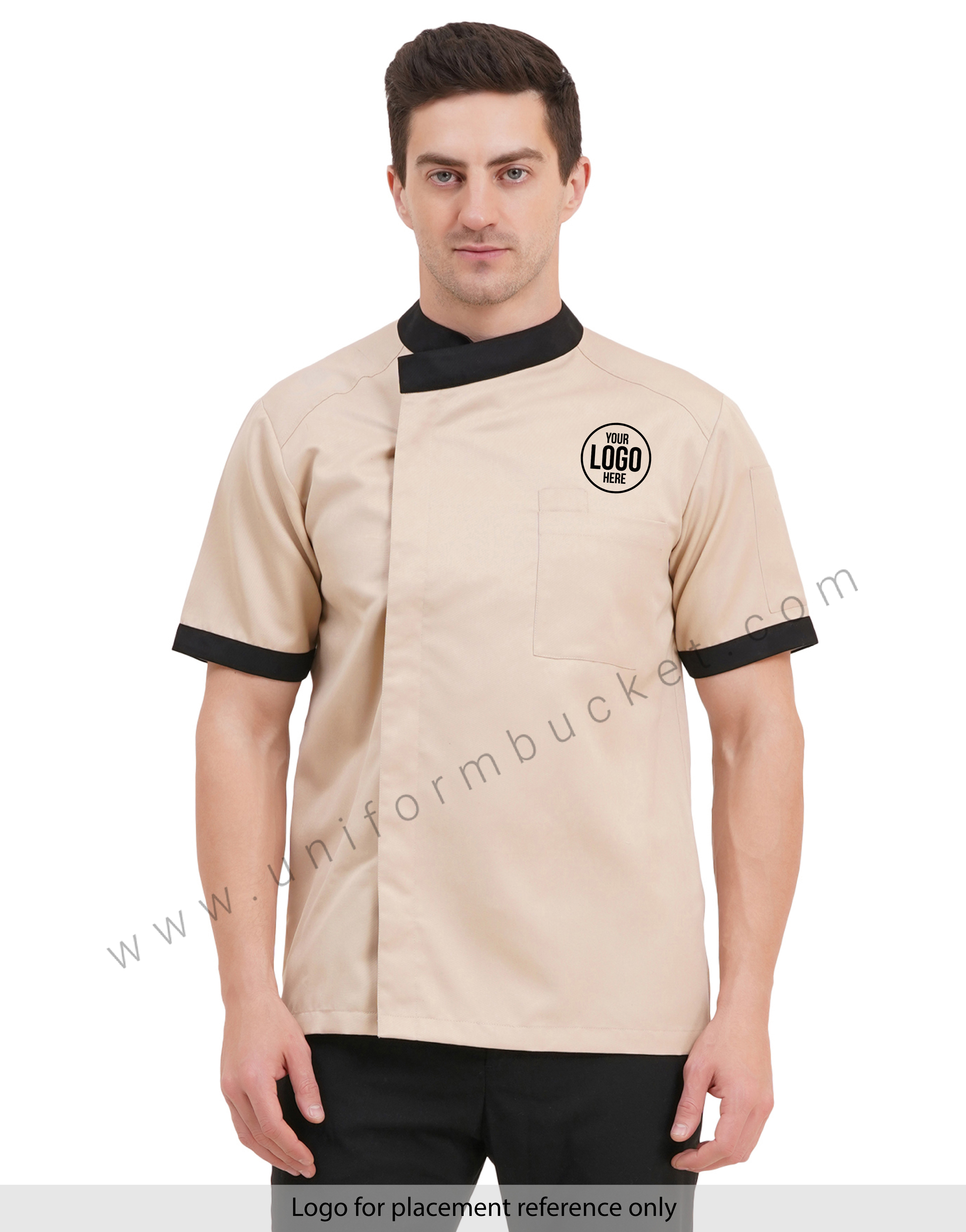 male beige & black  chef jacket with hidden buttons
