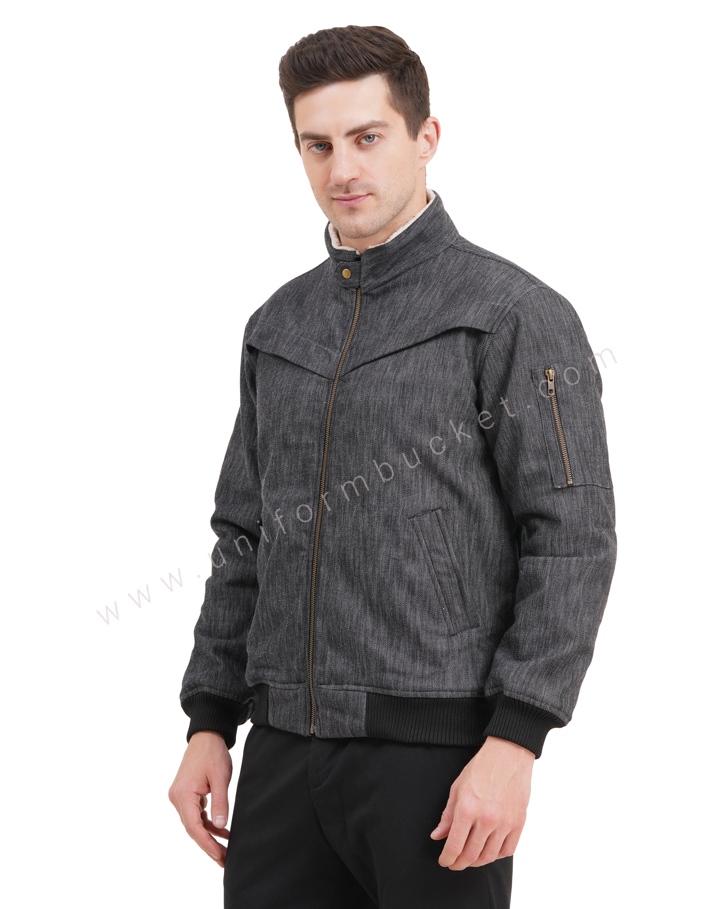 male black denim jacket with front cross pleat & front zip