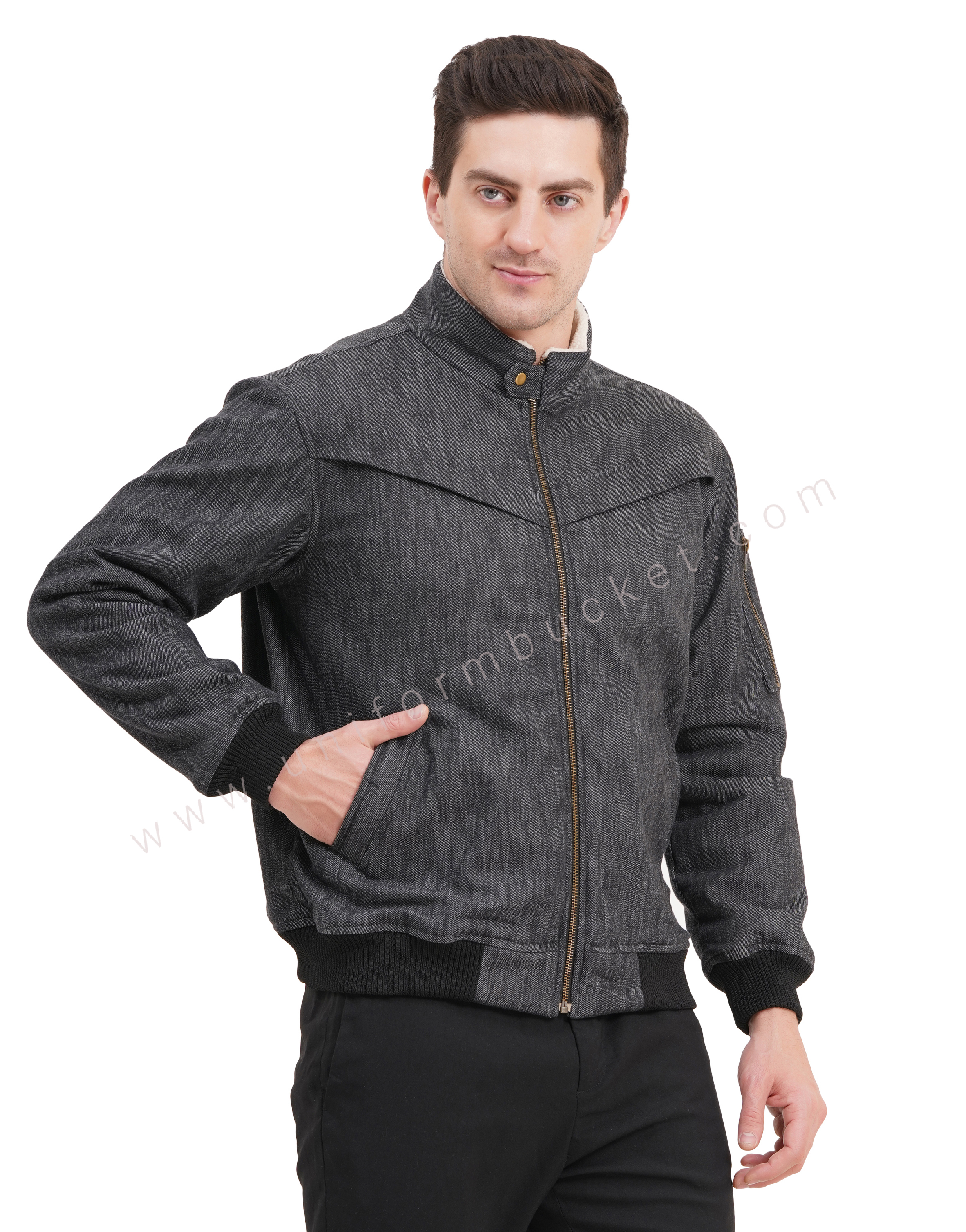 male black denim jacket with front cross pleat & front zip