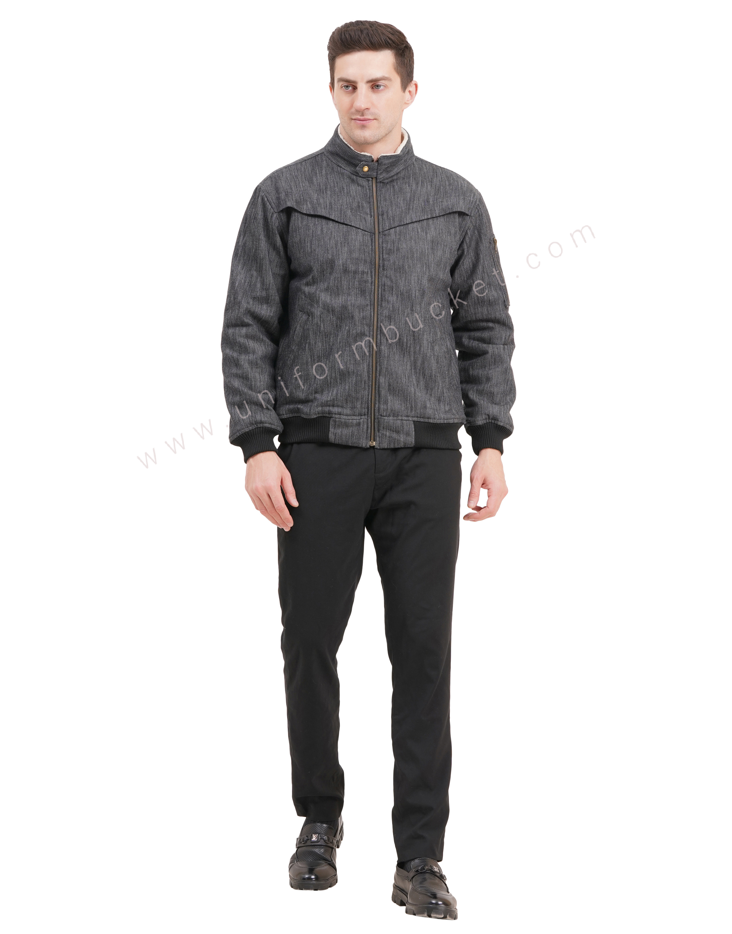male black denim jacket with front cross pleat & front zip