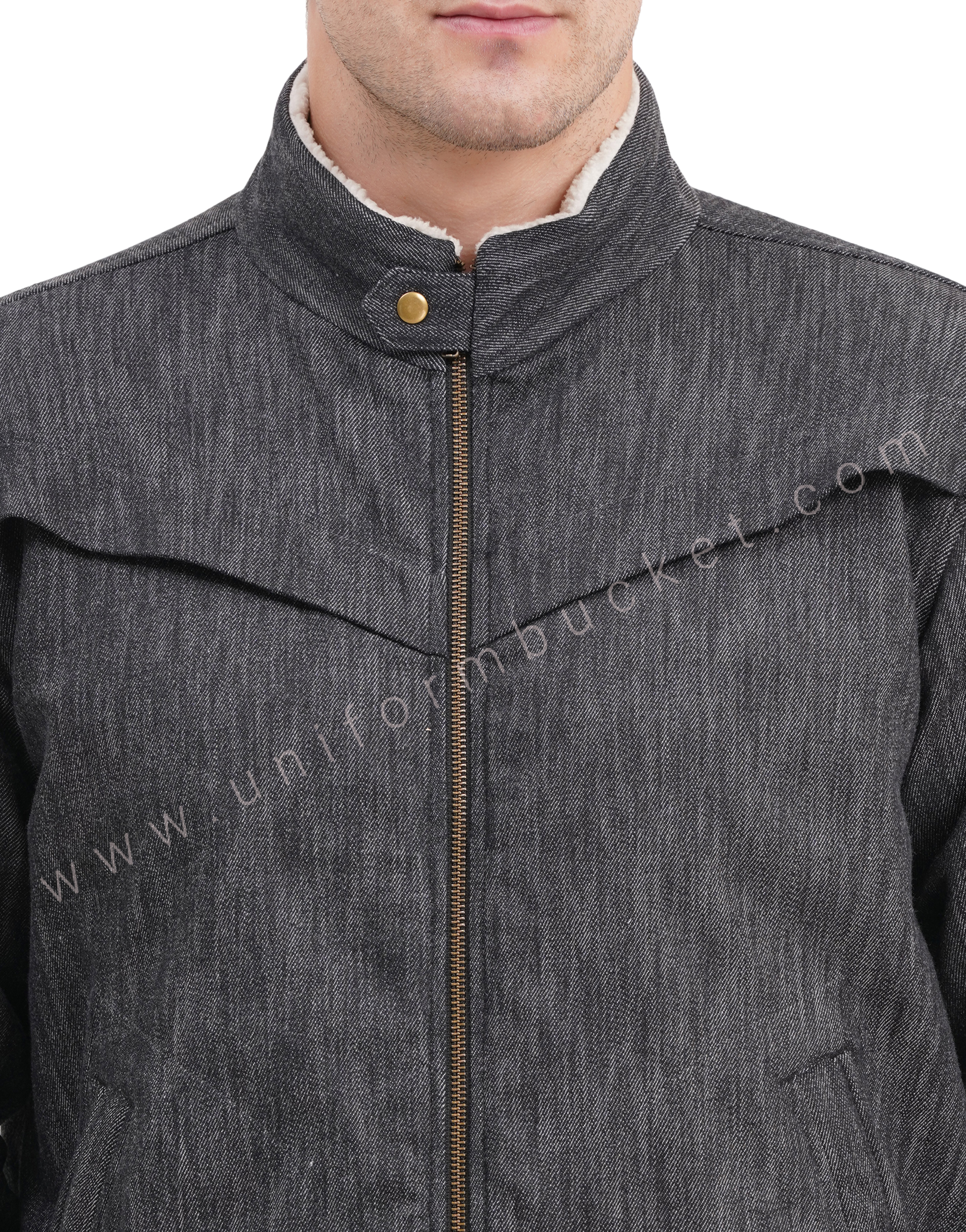 male black denim jacket with front cross pleat & front zip