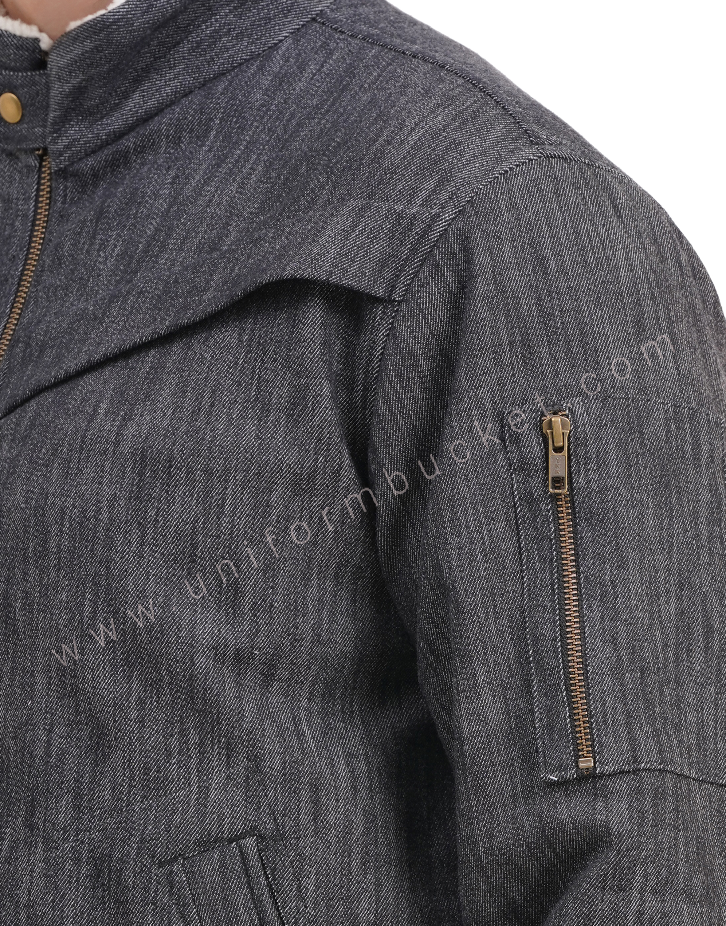 male black denim jacket with front cross pleat & front zip