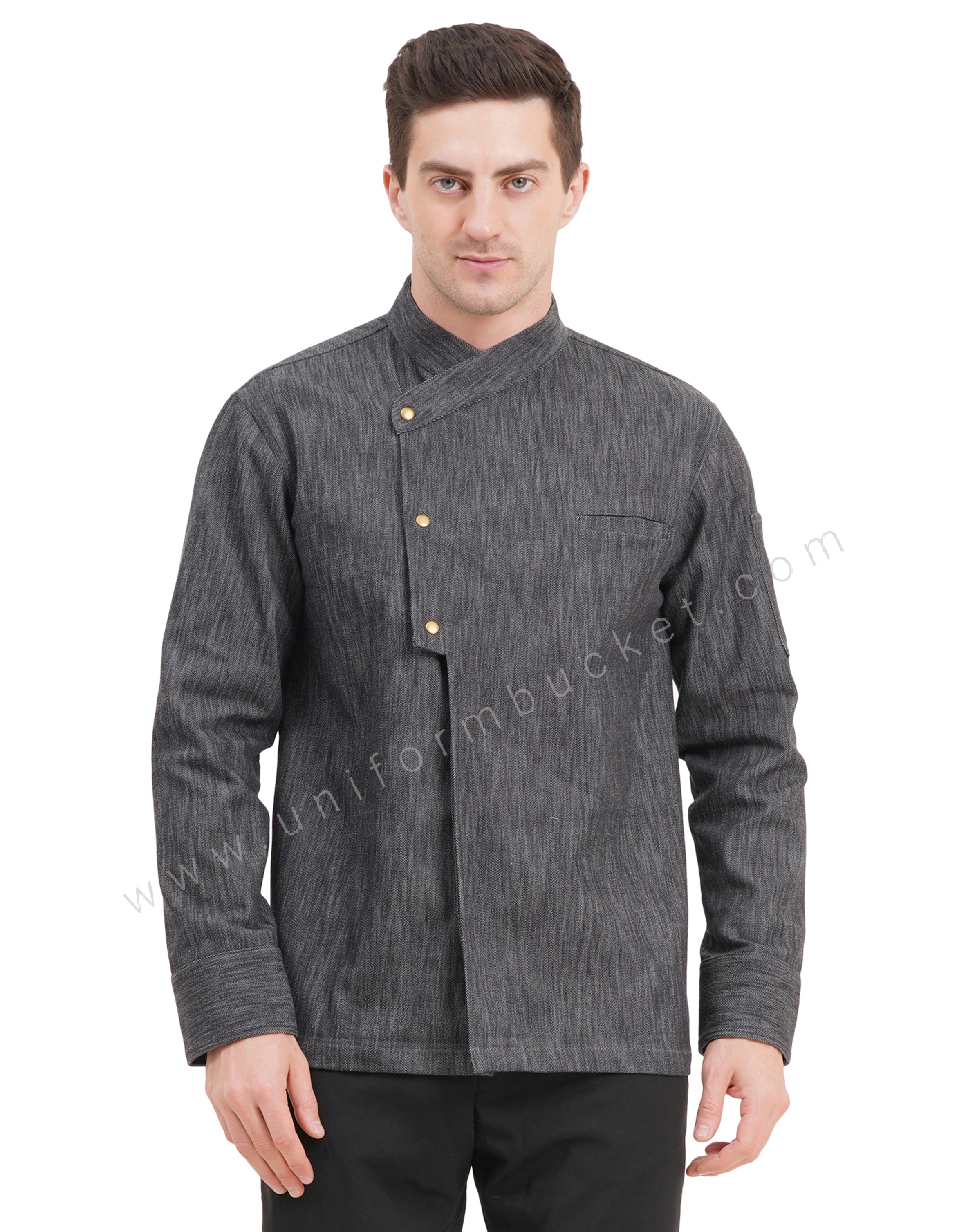 Male black denim stylish  chef coat with chest cut pocket