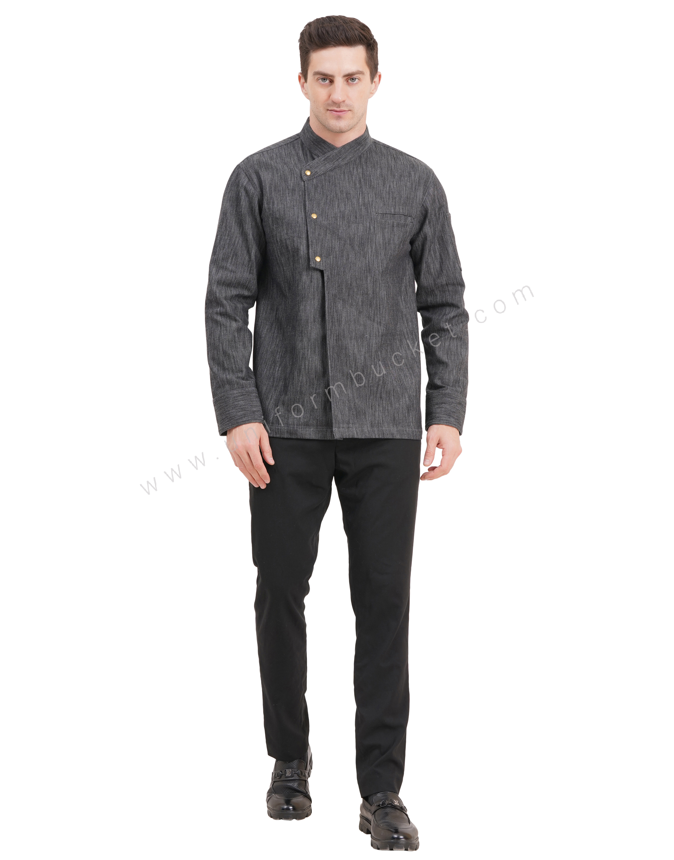Male black denim stylish  chef coat with chest cut pocket