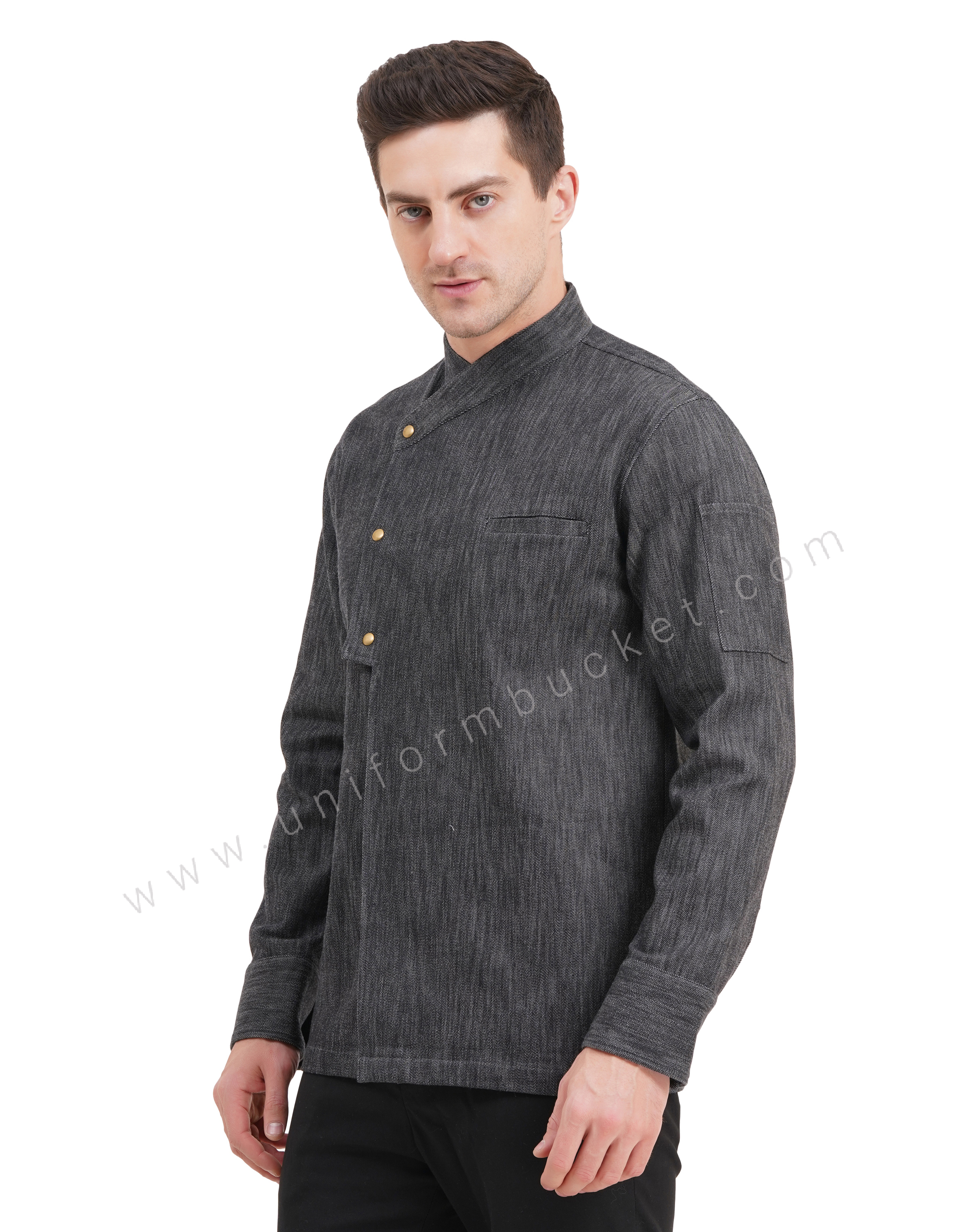 Male black denim stylish  chef coat with chest cut pocket