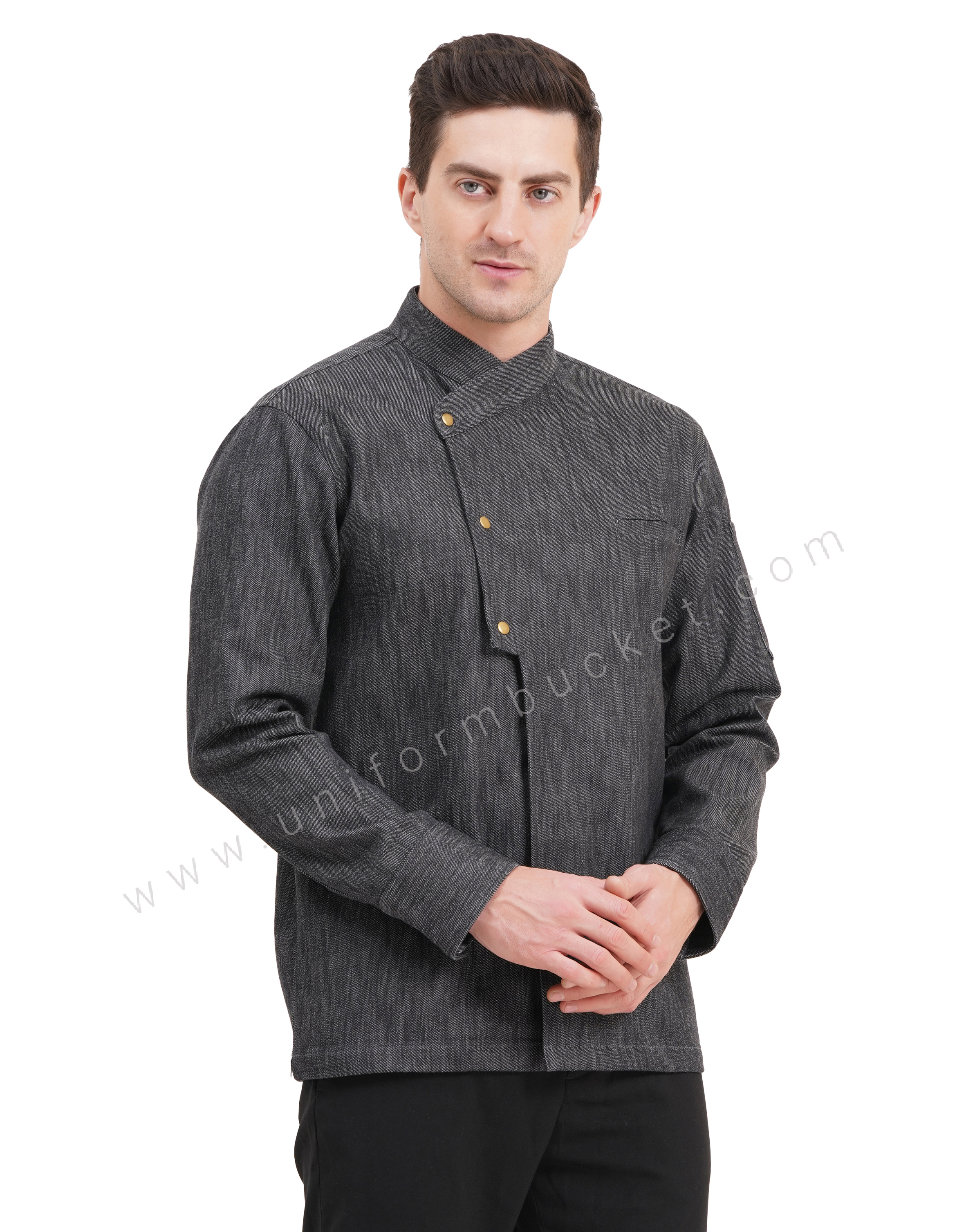 Male black denim stylish  chef coat with chest cut pocket