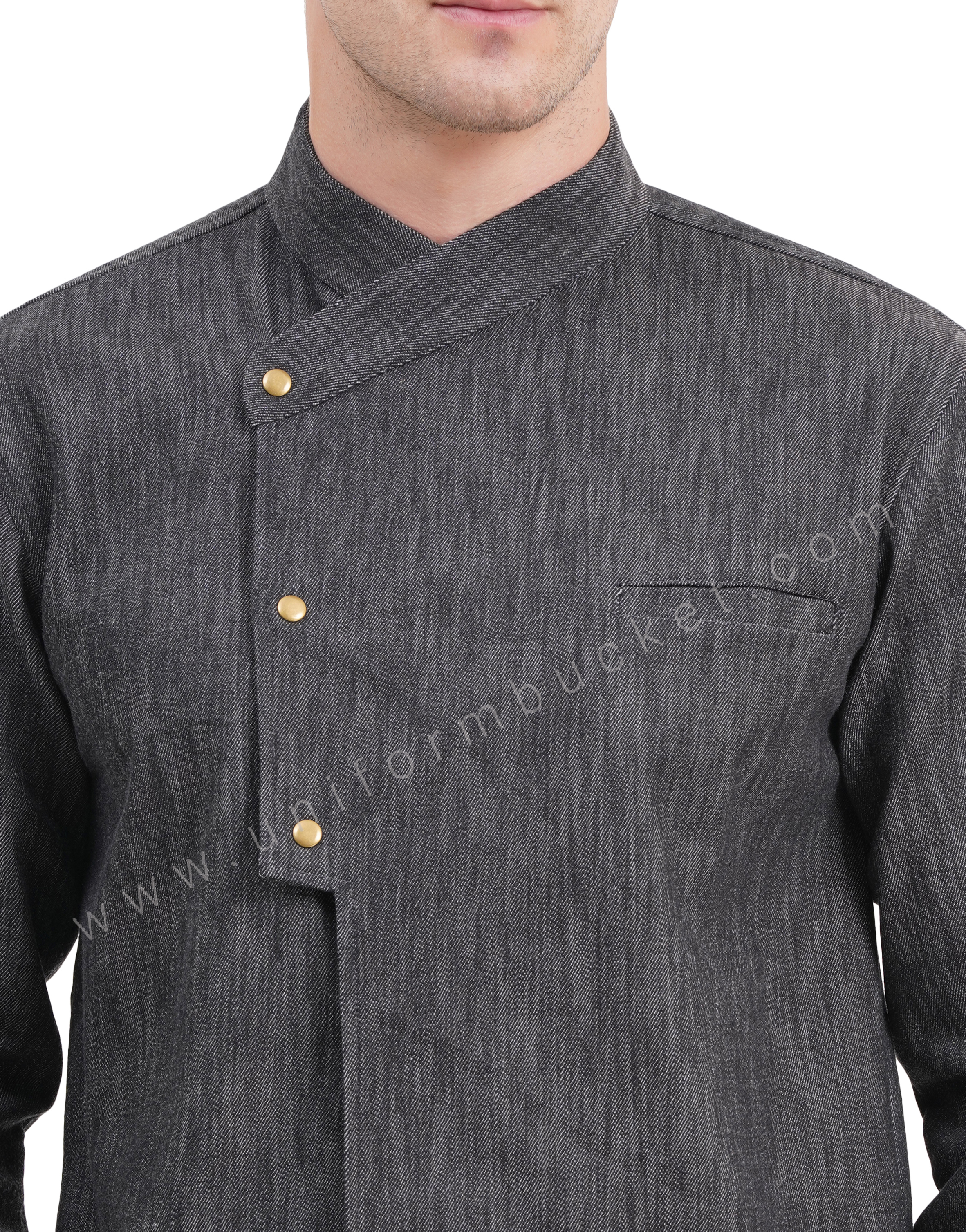 Male black denim stylish  chef coat with chest cut pocket