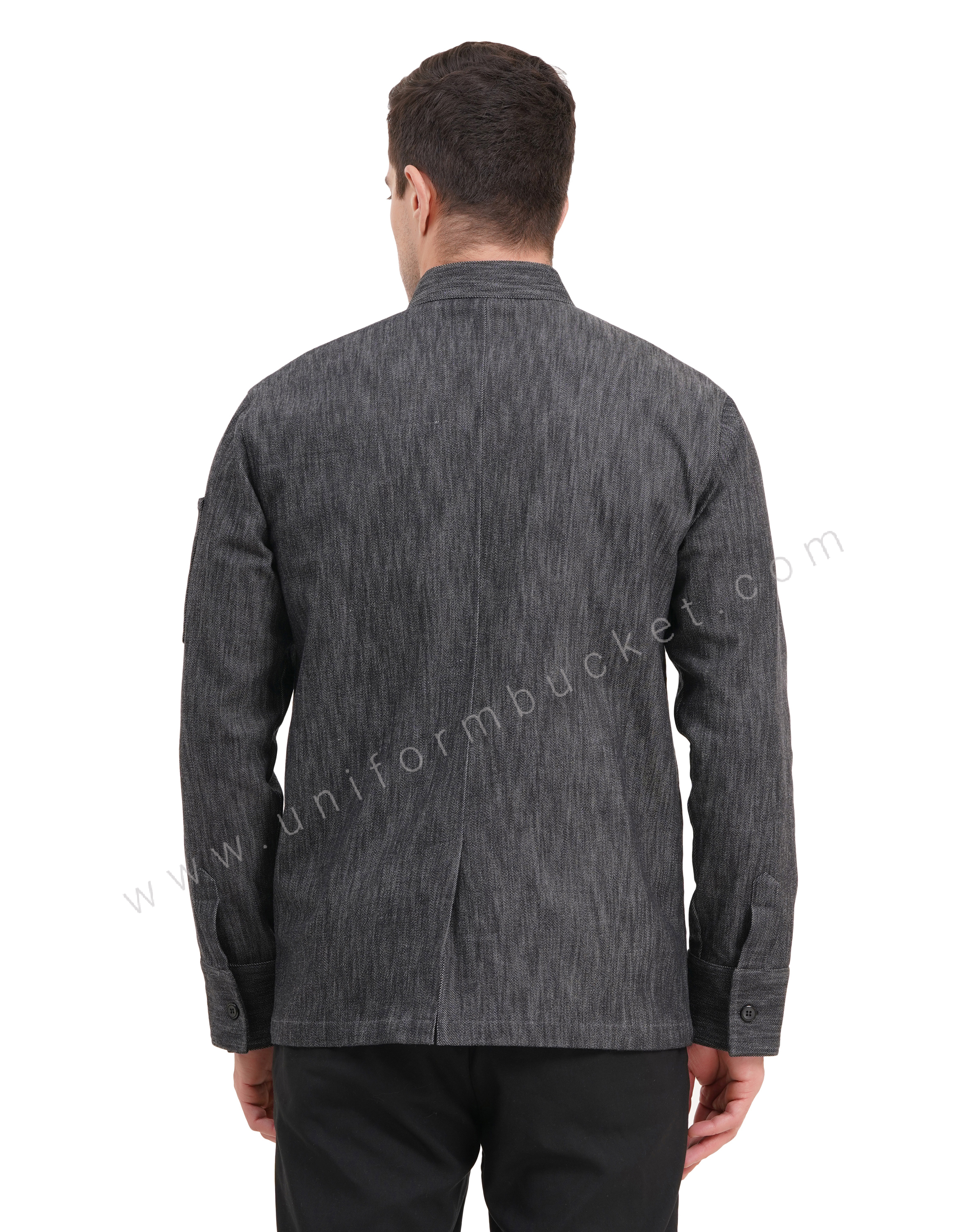 Male black denim stylish  chef coat with chest cut pocket