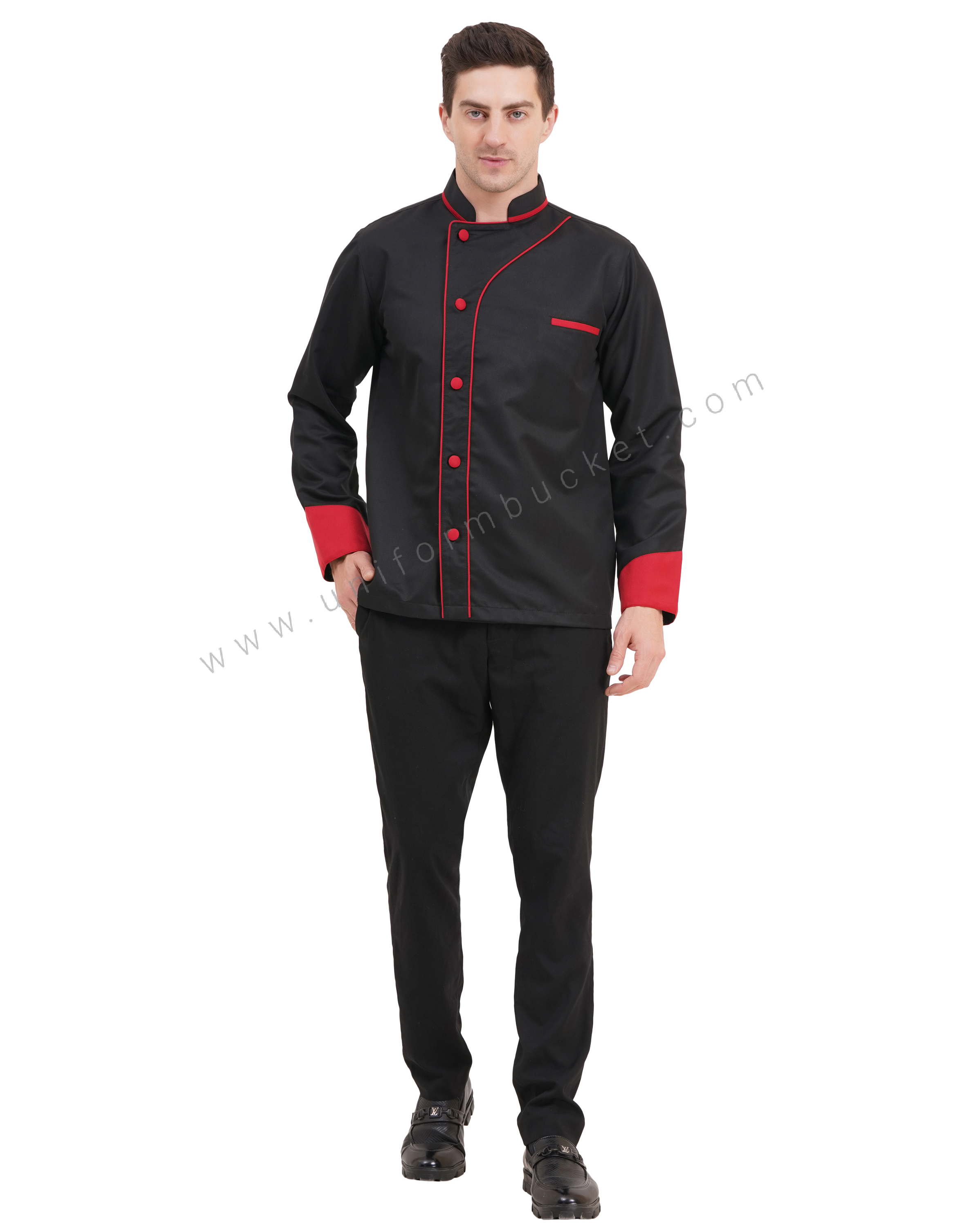 male black designer chef coat with red front piping & red cuff