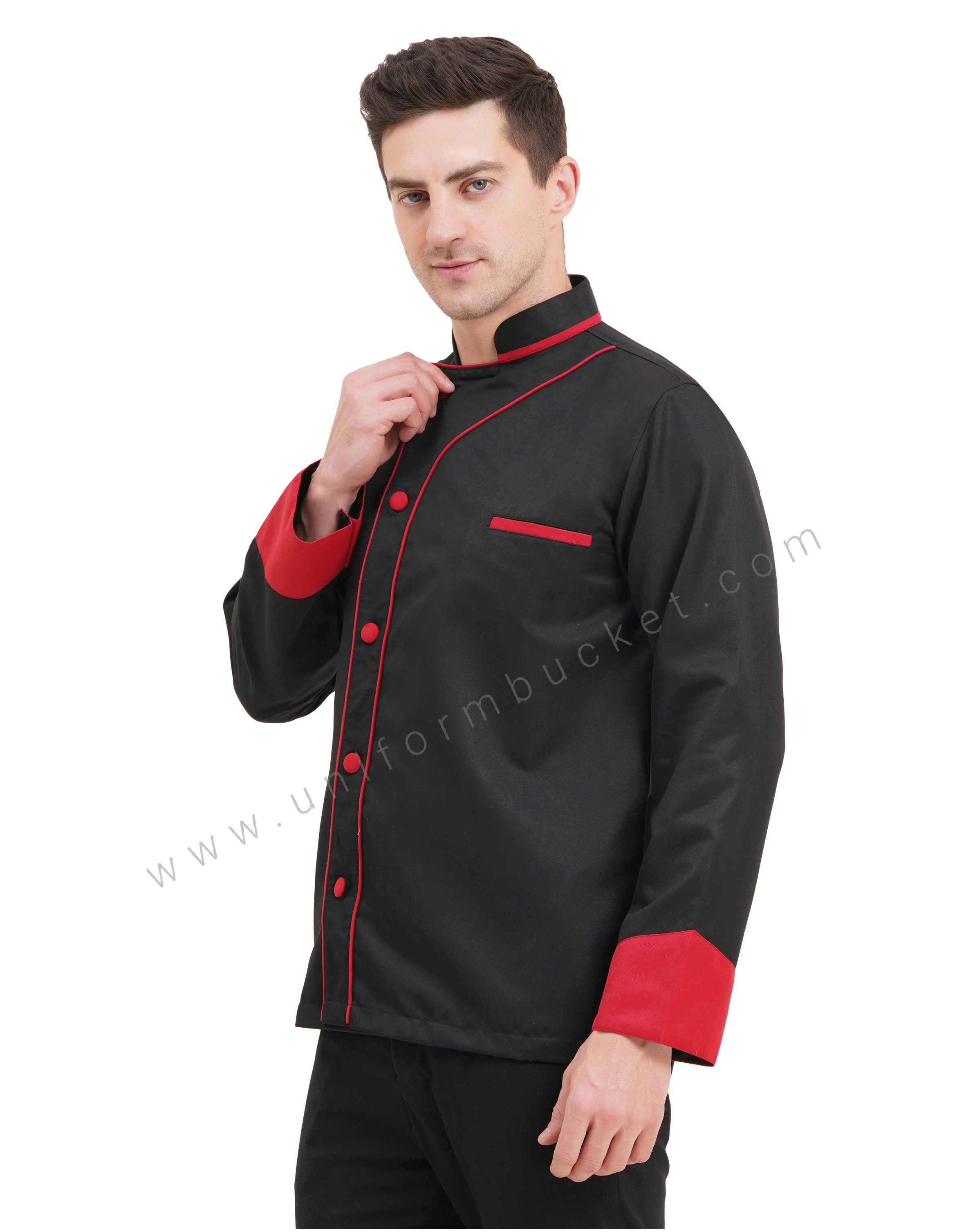 male black designer chef coat with red front piping & red cuff