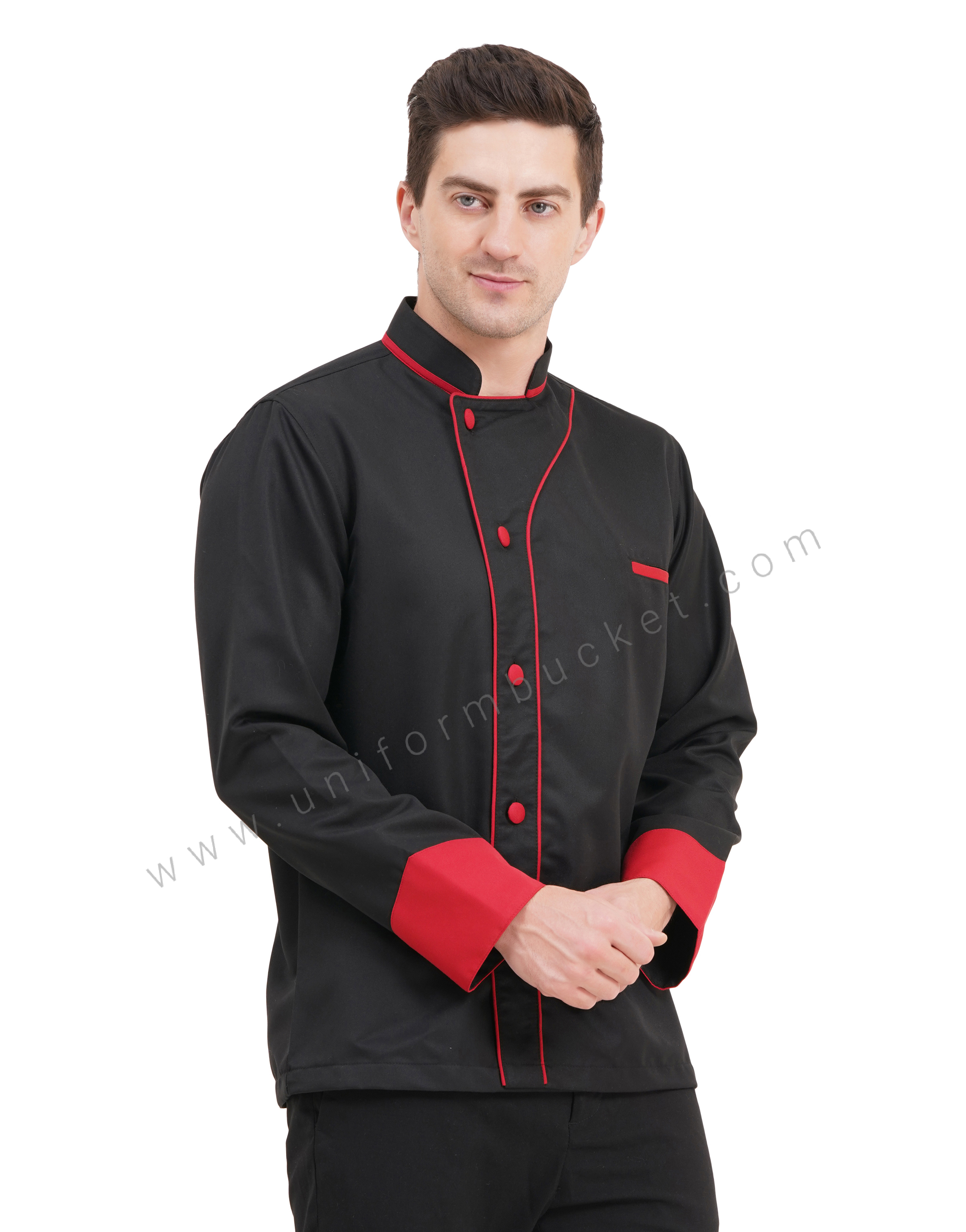 male black designer chef coat with red front piping & red cuff