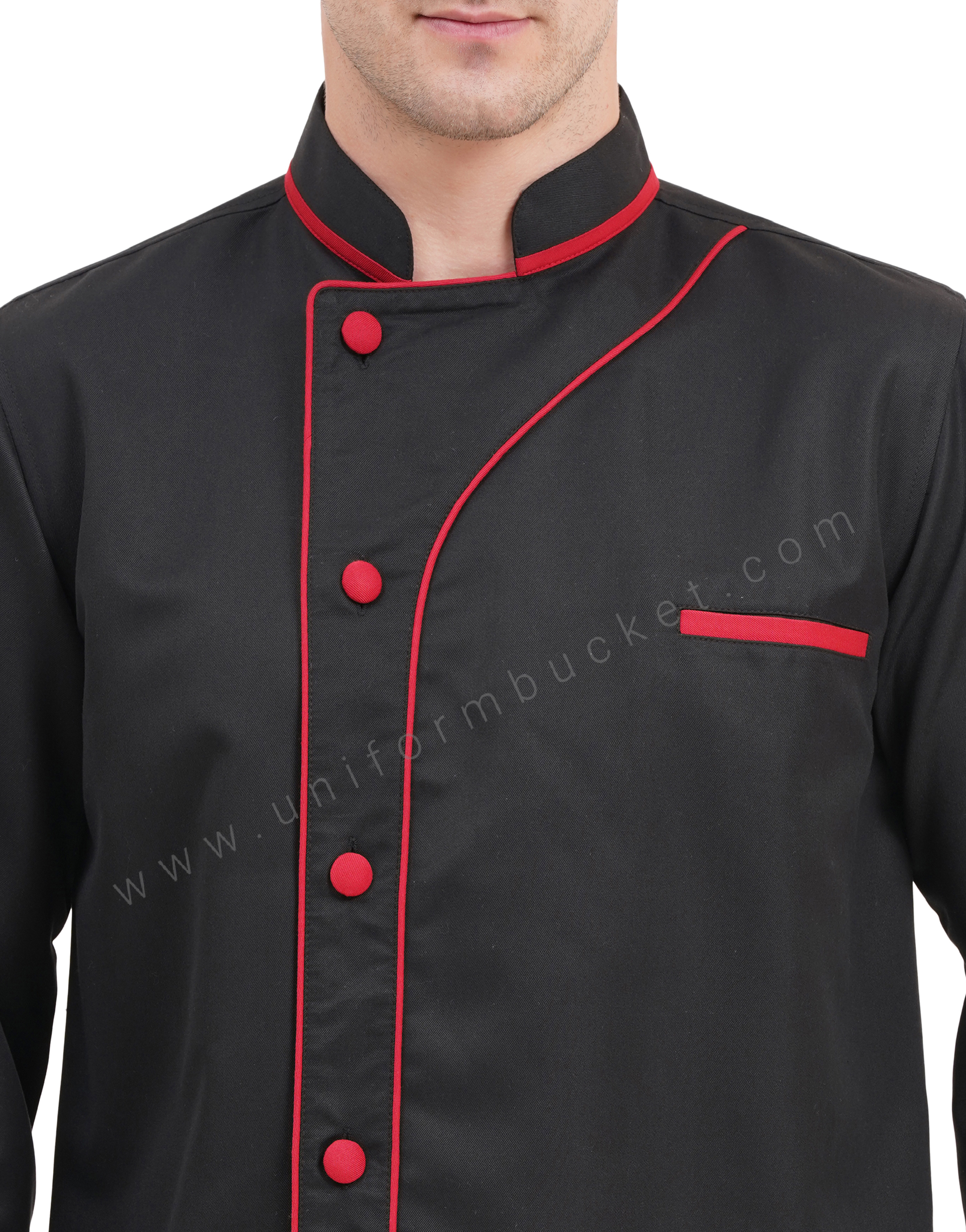 male black designer chef coat with red front piping & red cuff