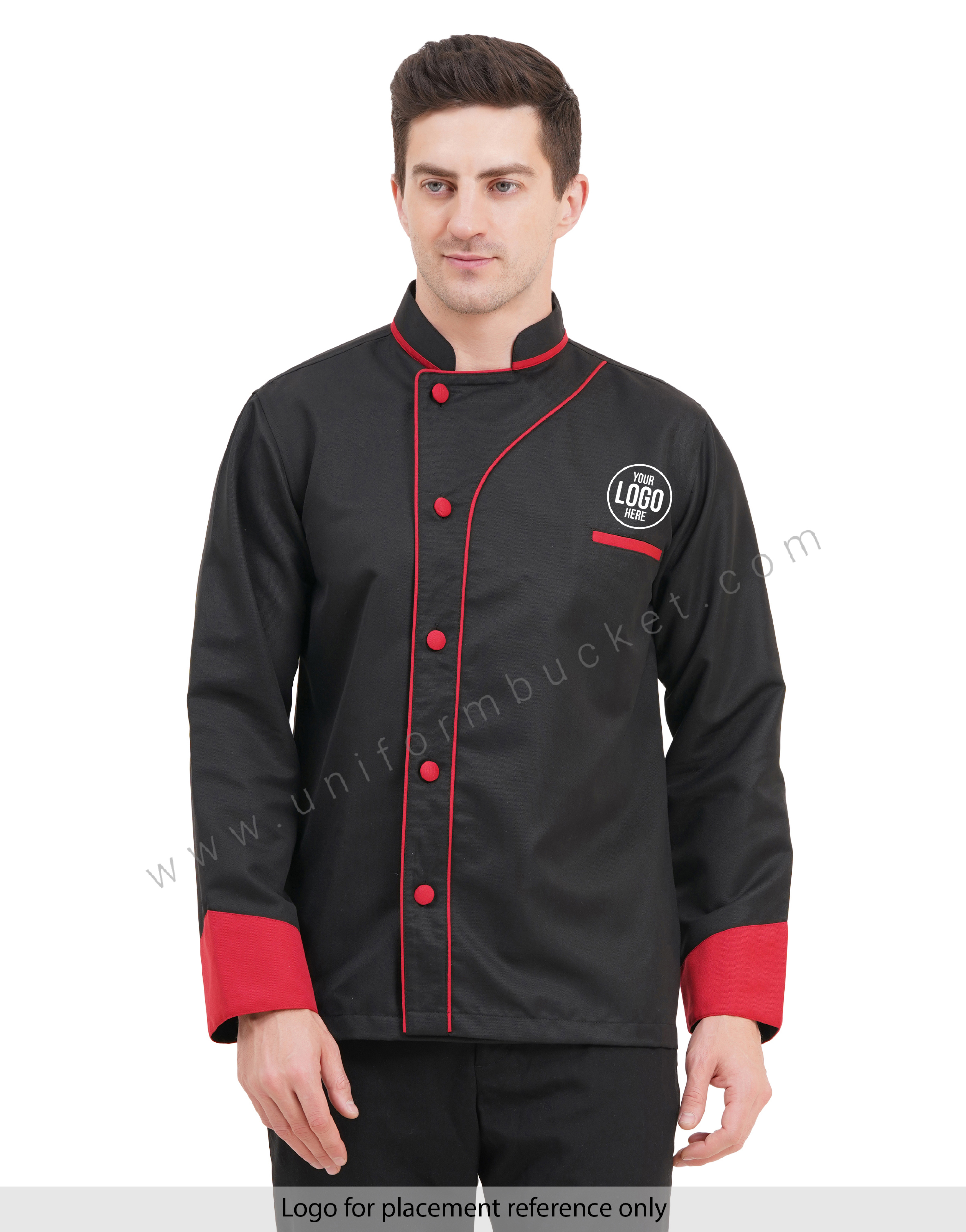 male black designer chef coat with red front piping & red cuff
