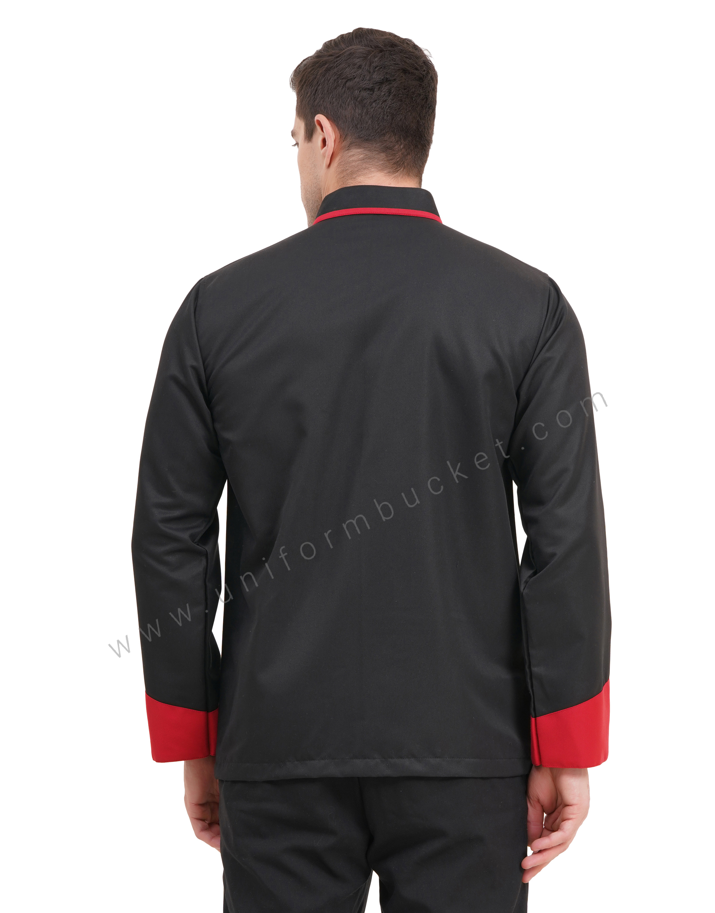 male black designer chef coat with red front piping & red cuff