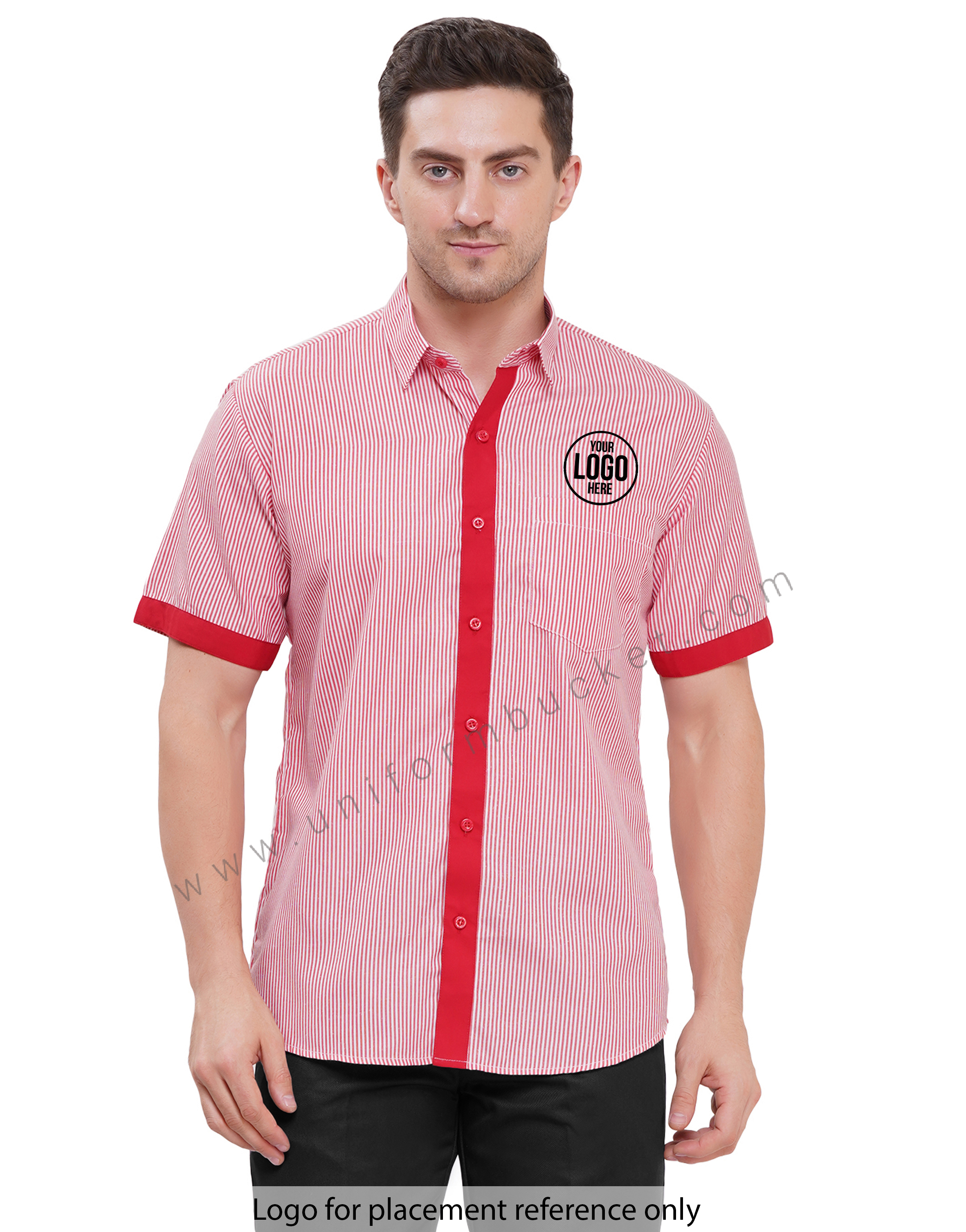 male housekeeping  red & white lining shirt with red trim