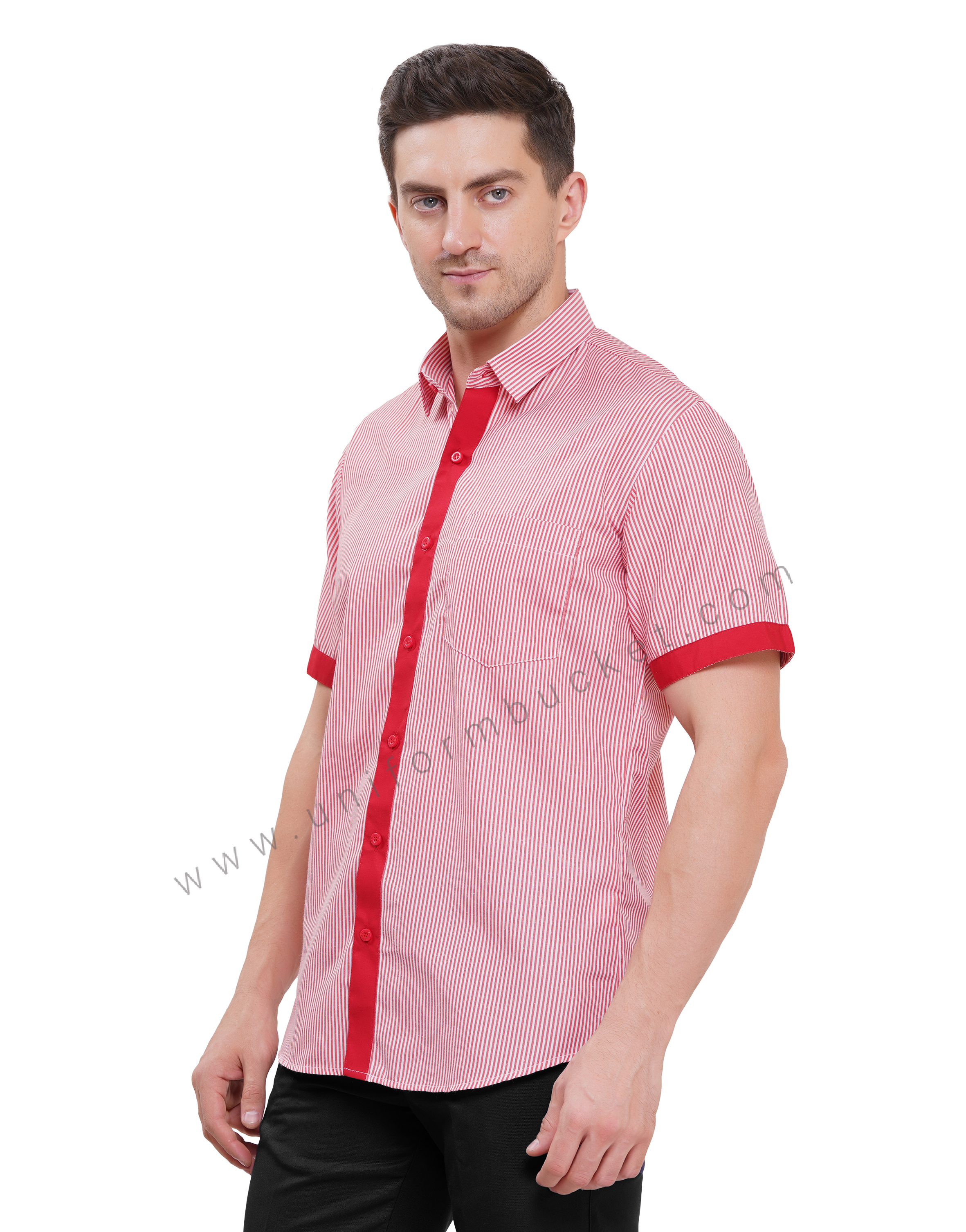 male housekeeping  red & white lining shirt with red trim