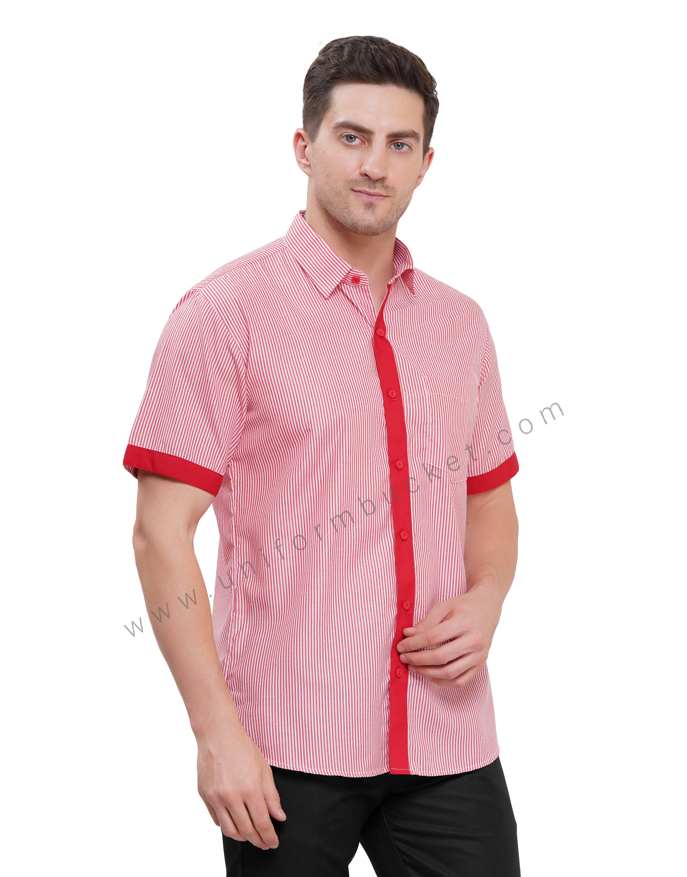 male housekeeping  red & white lining shirt with red trim