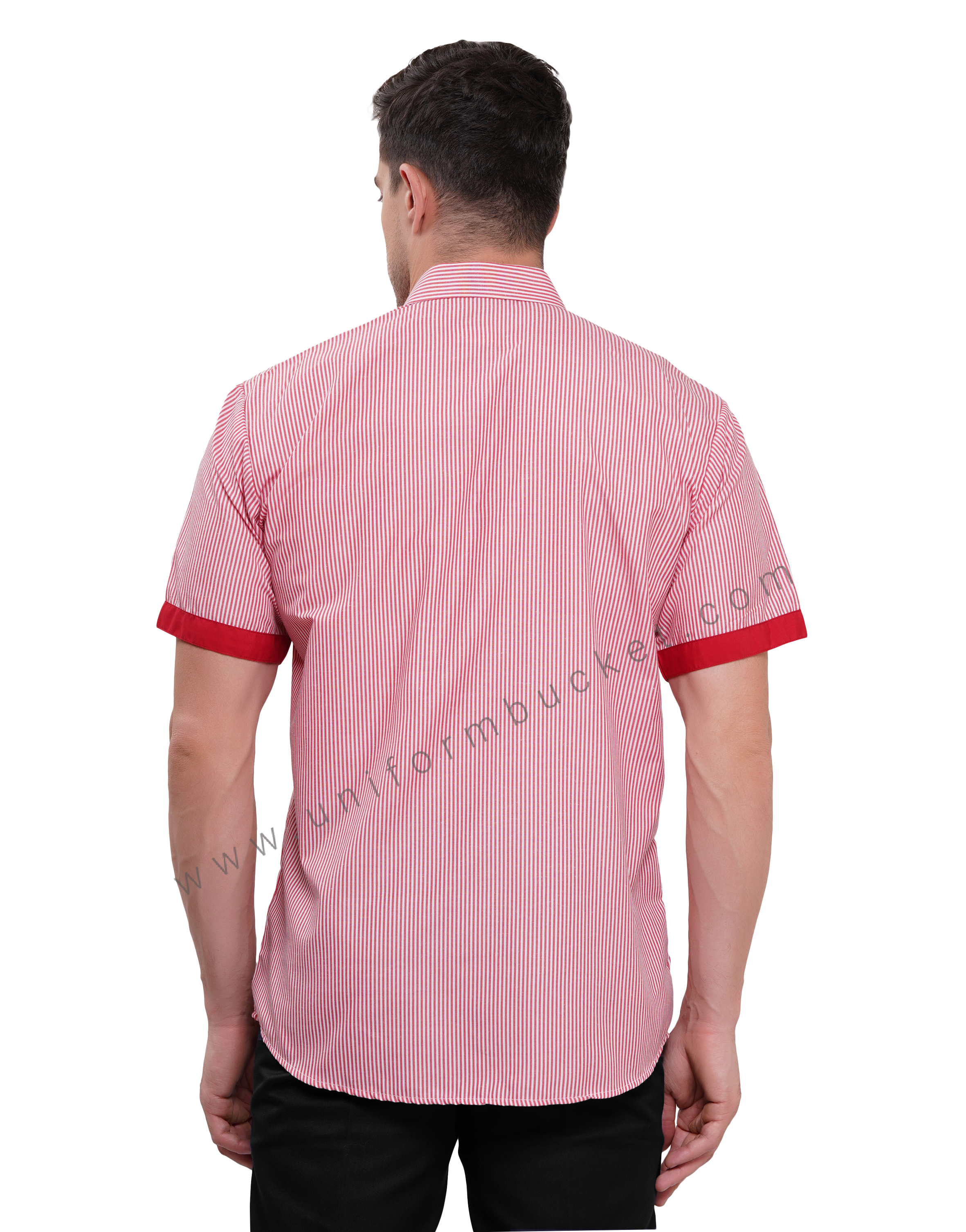 male housekeeping  red & white lining shirt with red trim