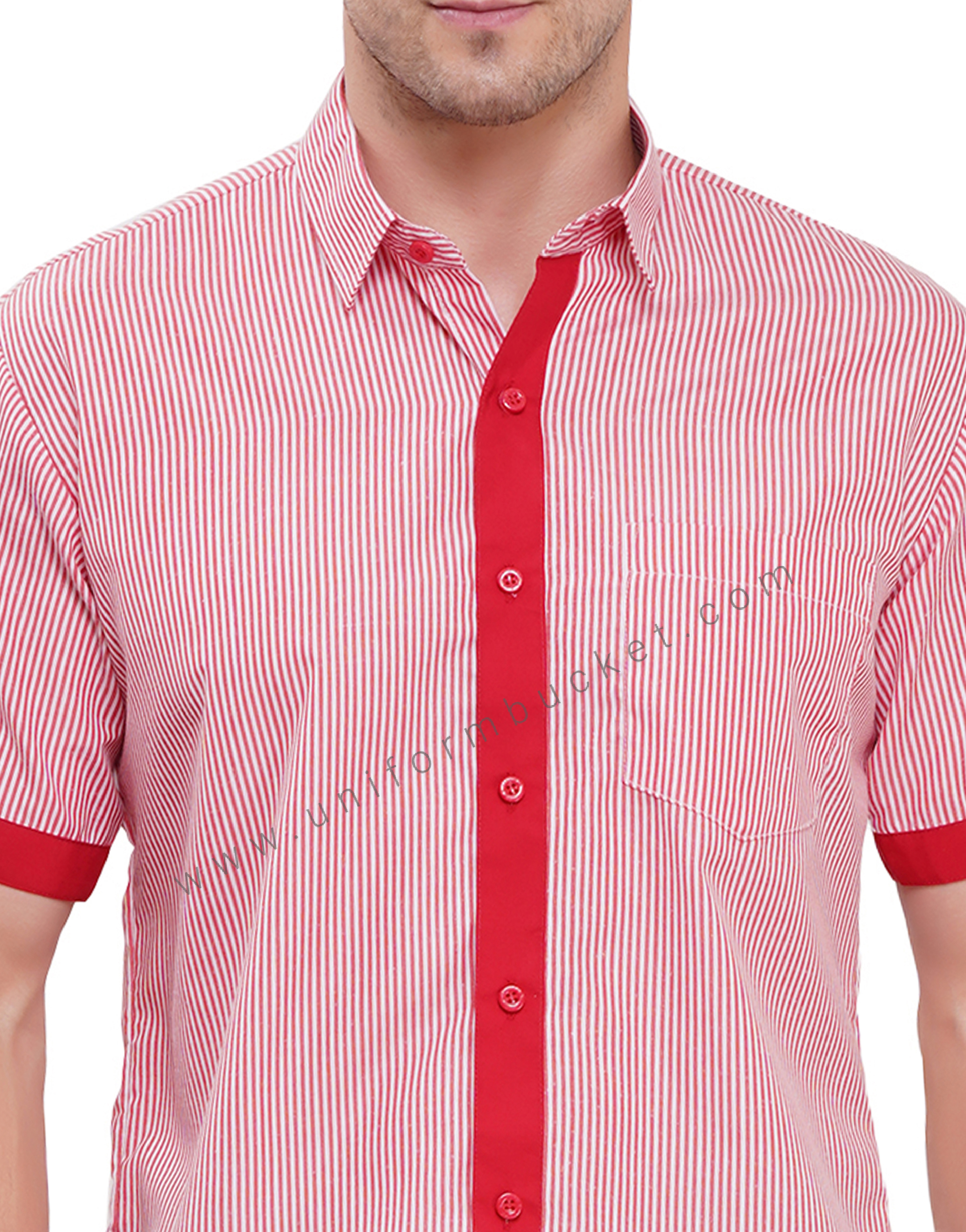 male housekeeping  red & white lining shirt with red trim
