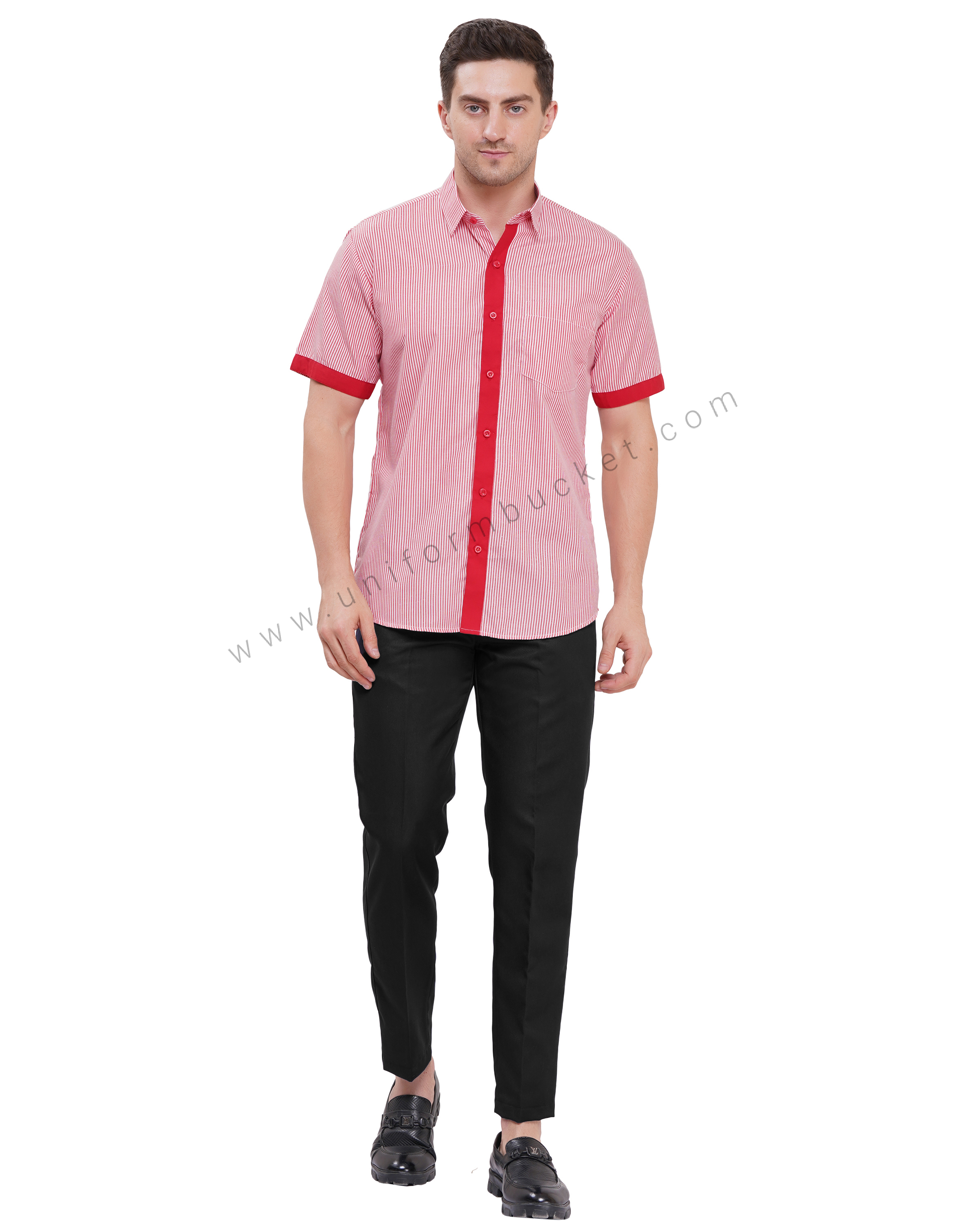 male housekeeping  red & white lining shirt with red trim