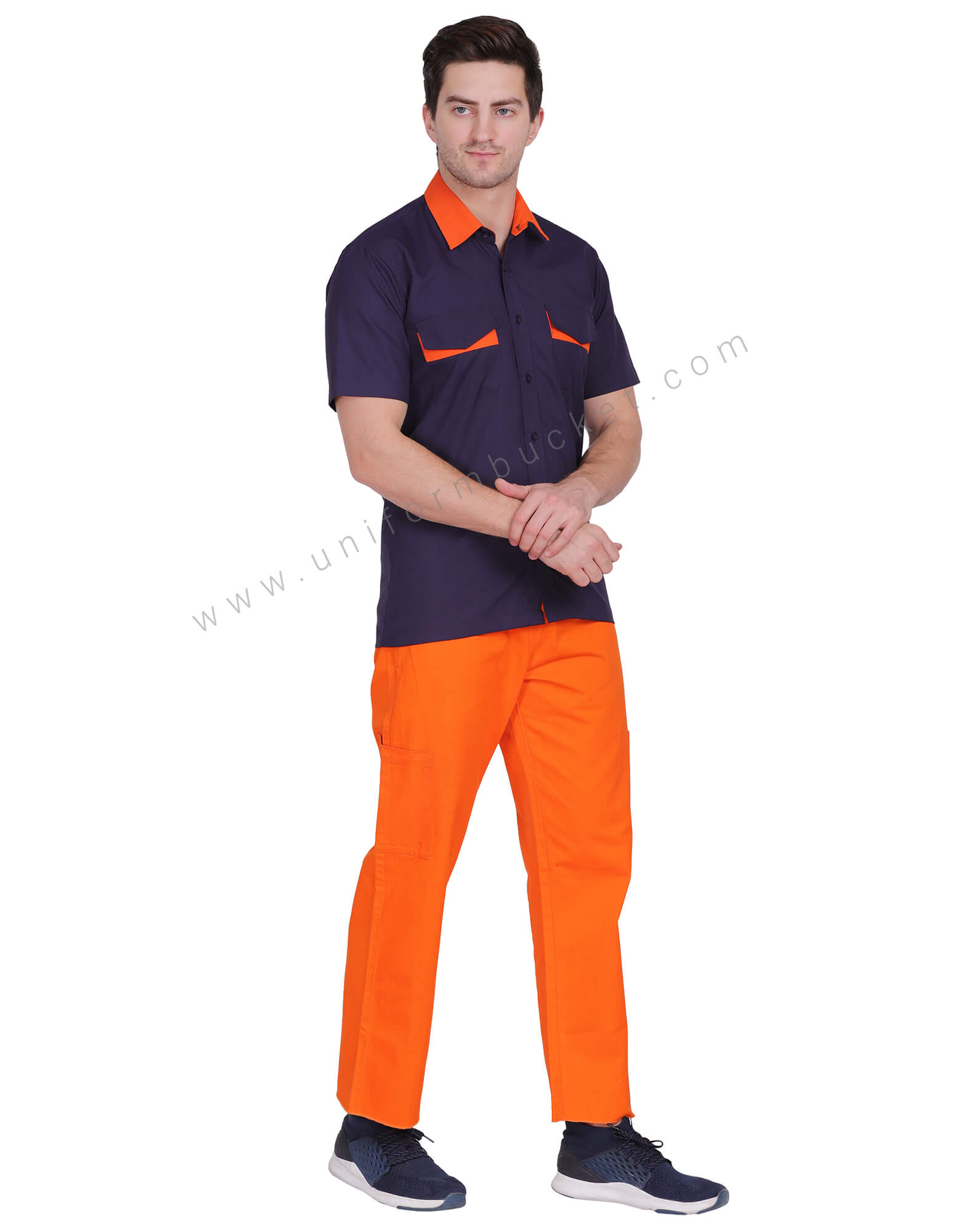 Male Navy Blue Shirt With Orange Collar