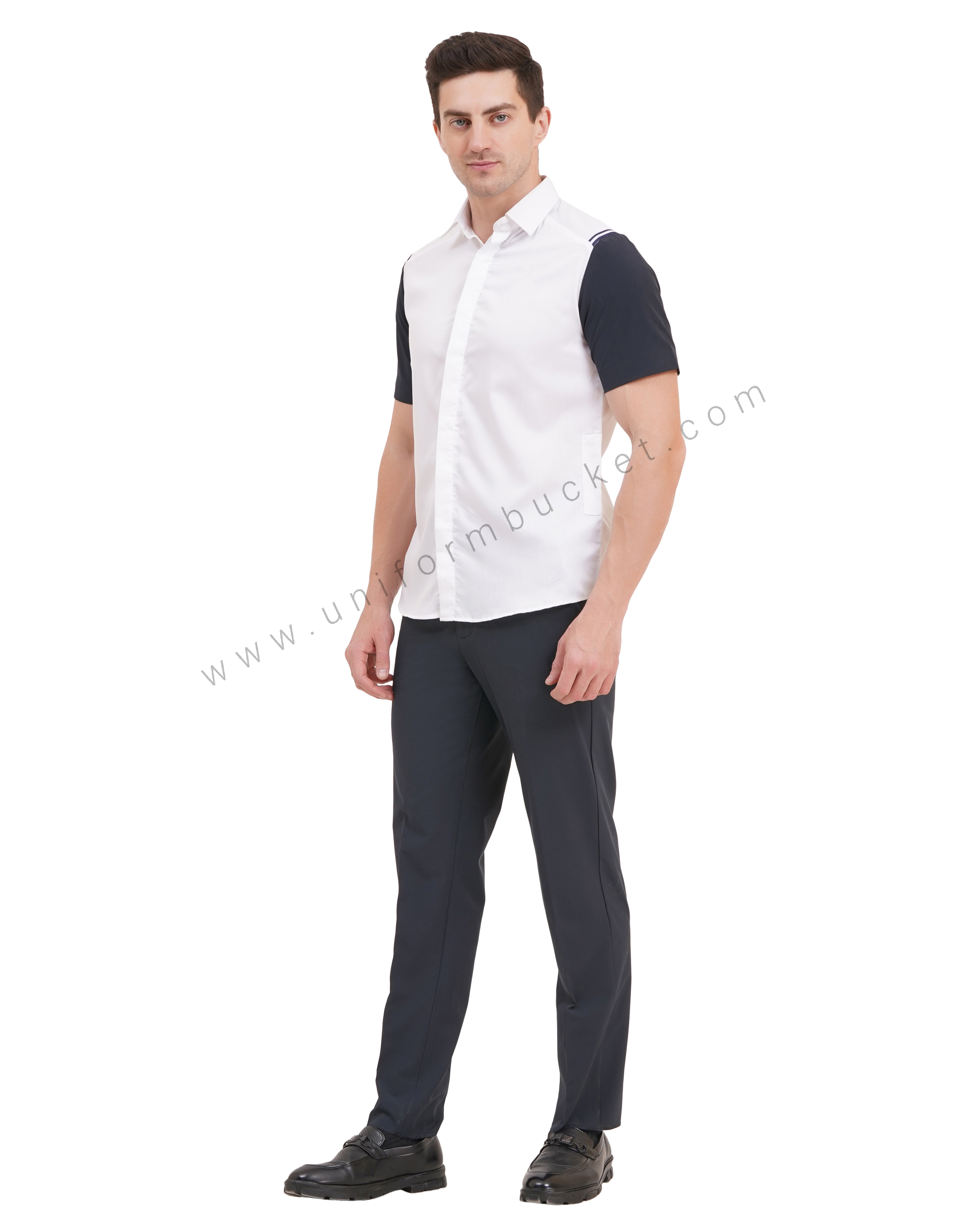 male white shirt with navy blue half sleeve & left side waist mini pocket