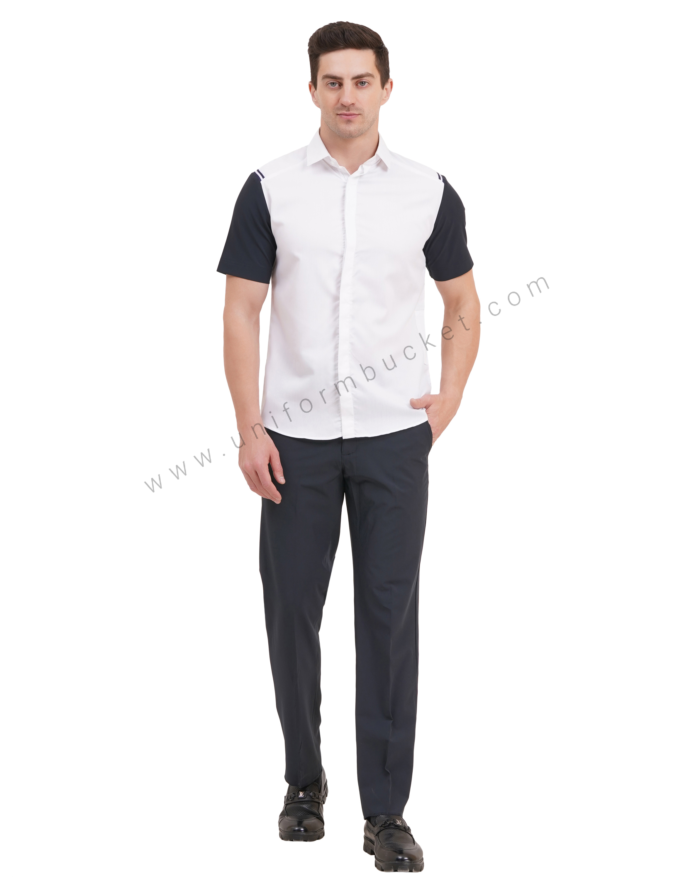 male white shirt with navy blue half sleeve & left side waist mini pocket