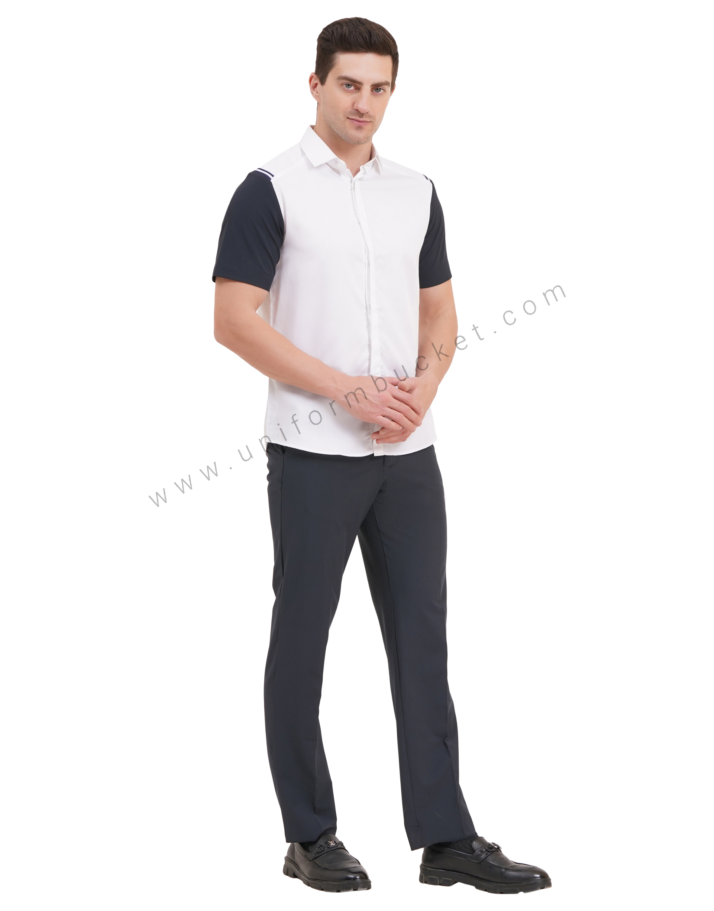 male white shirt with navy blue half sleeve & left side waist mini pocket