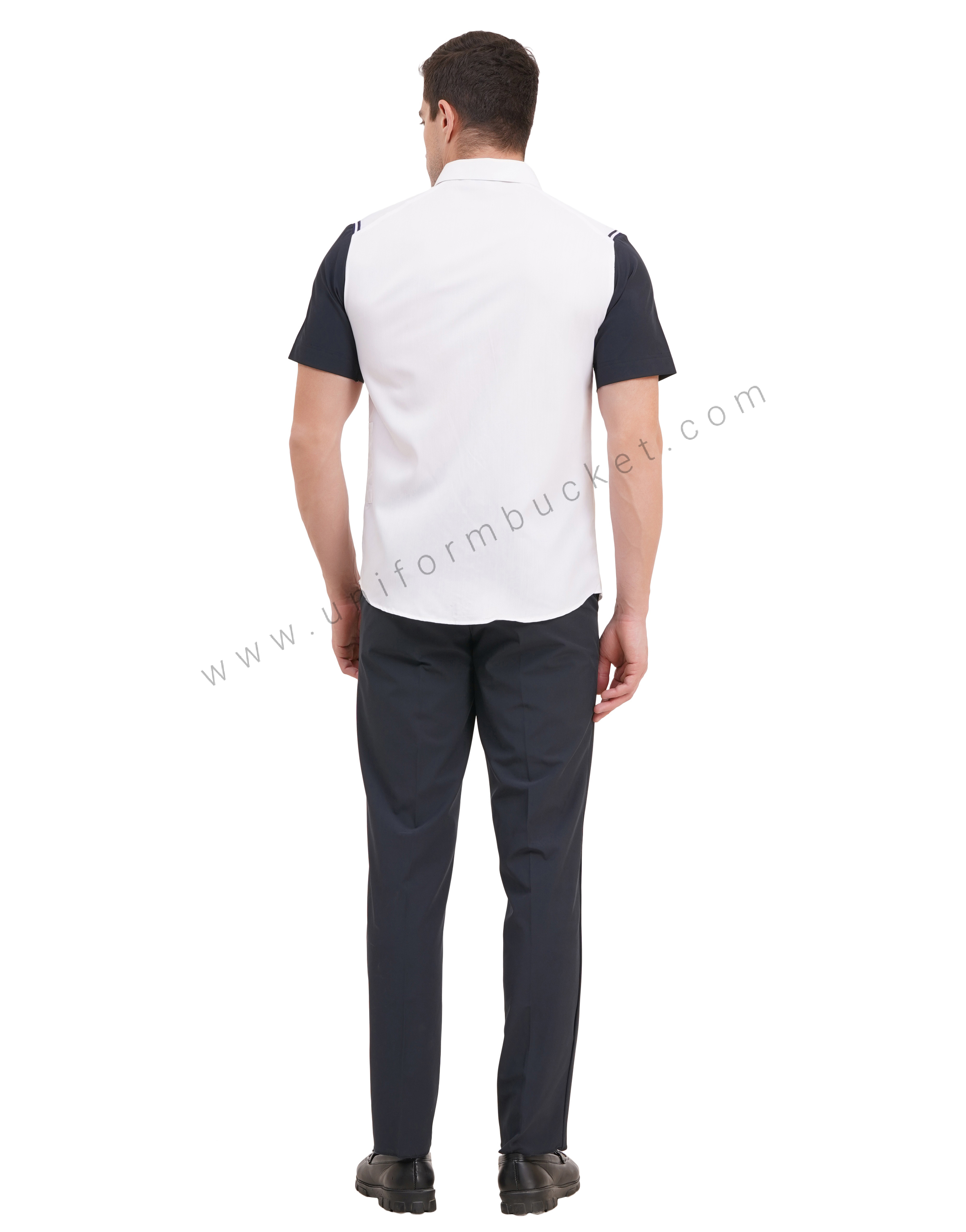 male white shirt with navy blue half sleeve & left side waist mini pocket