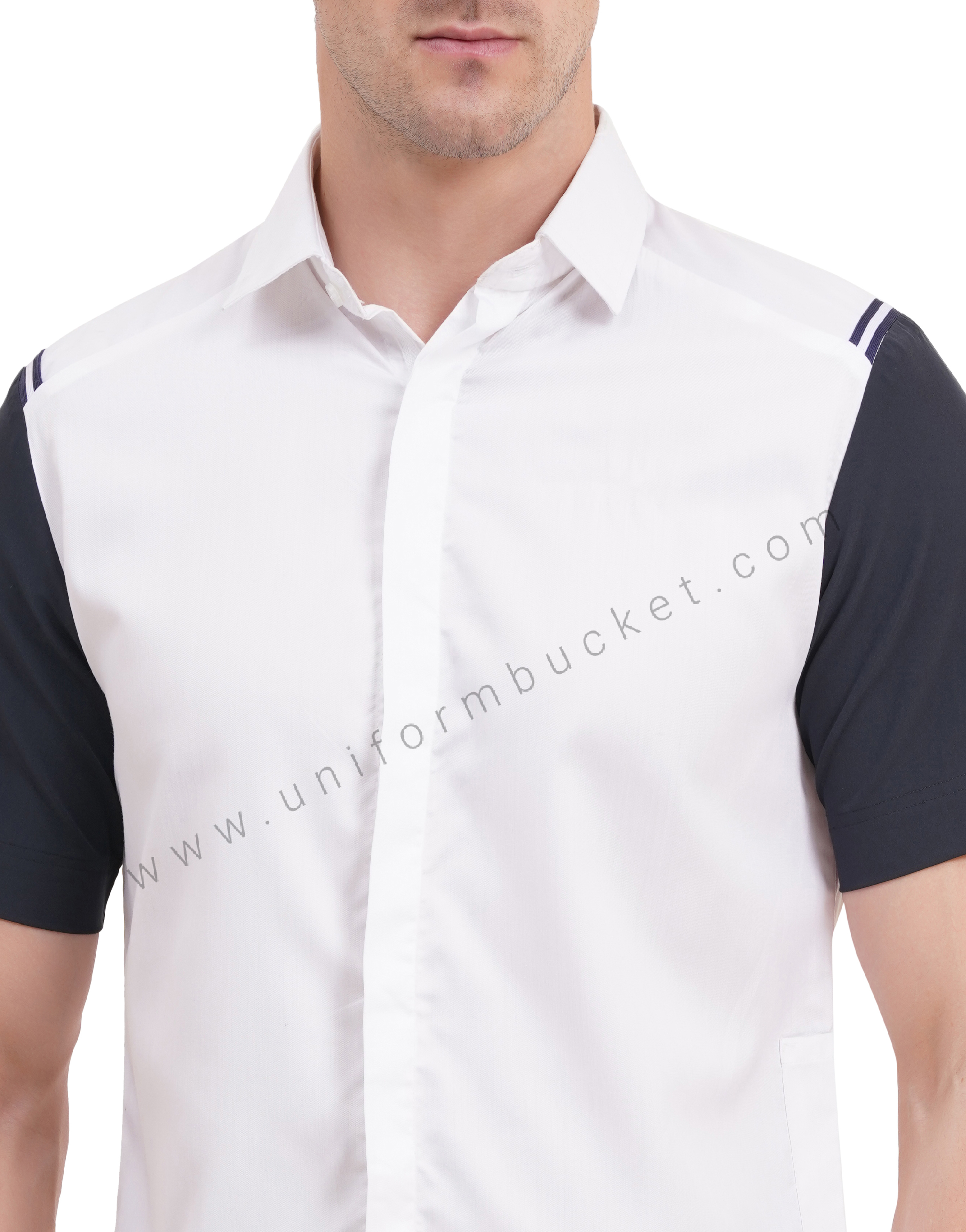 male white shirt with navy blue half sleeve & left side waist mini pocket