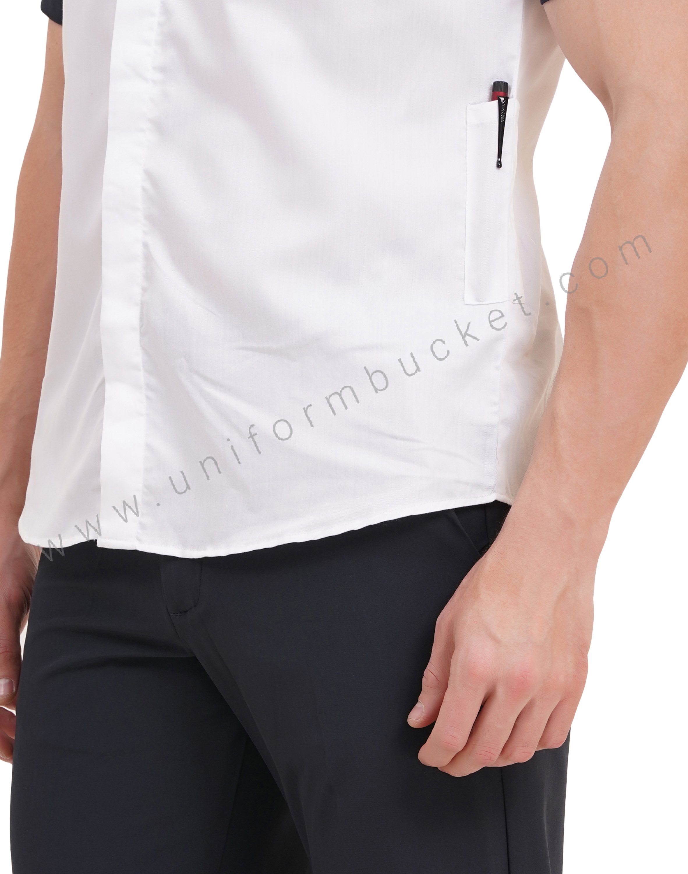male white shirt with navy blue half sleeve & left side waist mini pocket