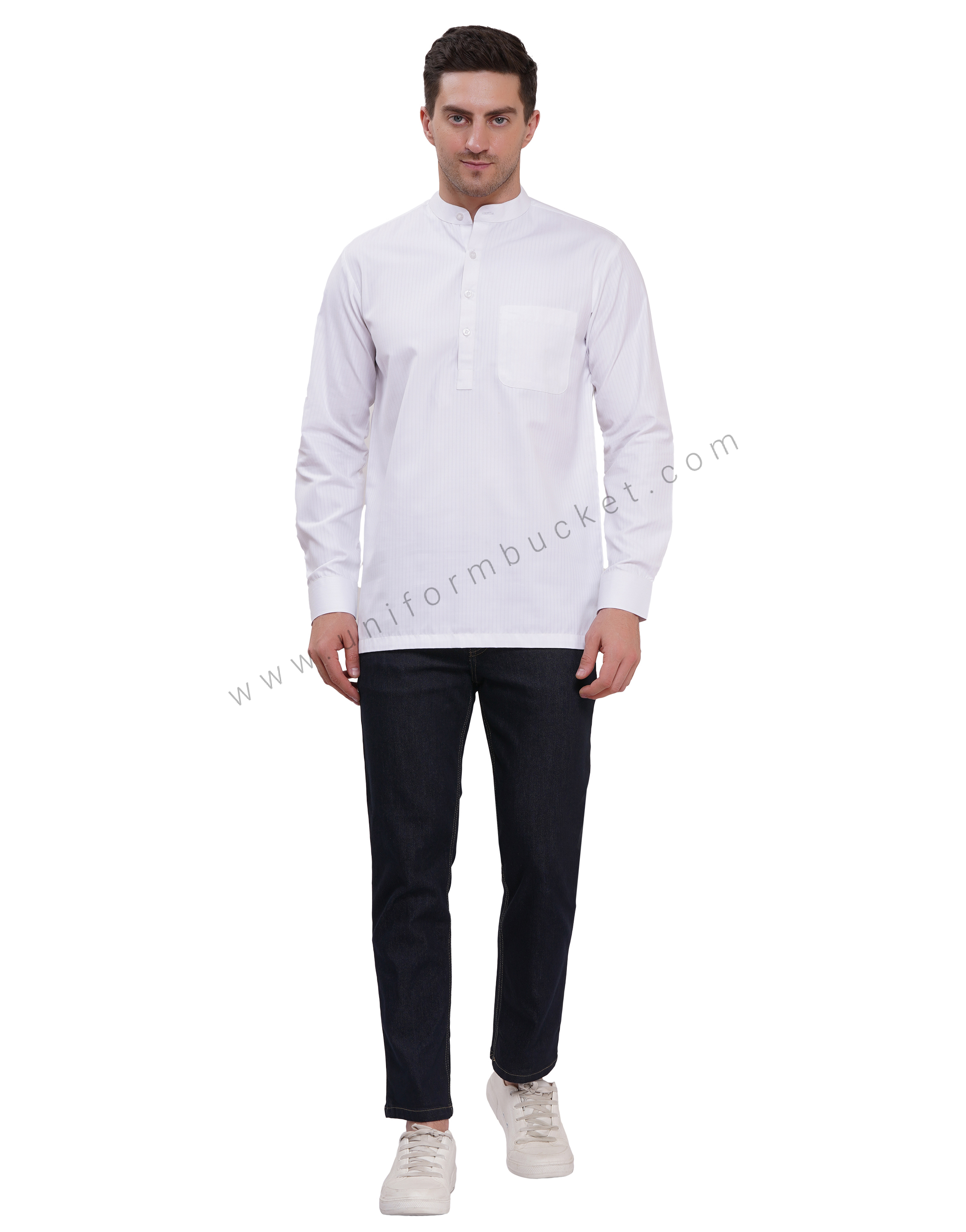 Male White short kurta full sleeve with cuff &  chinese collar