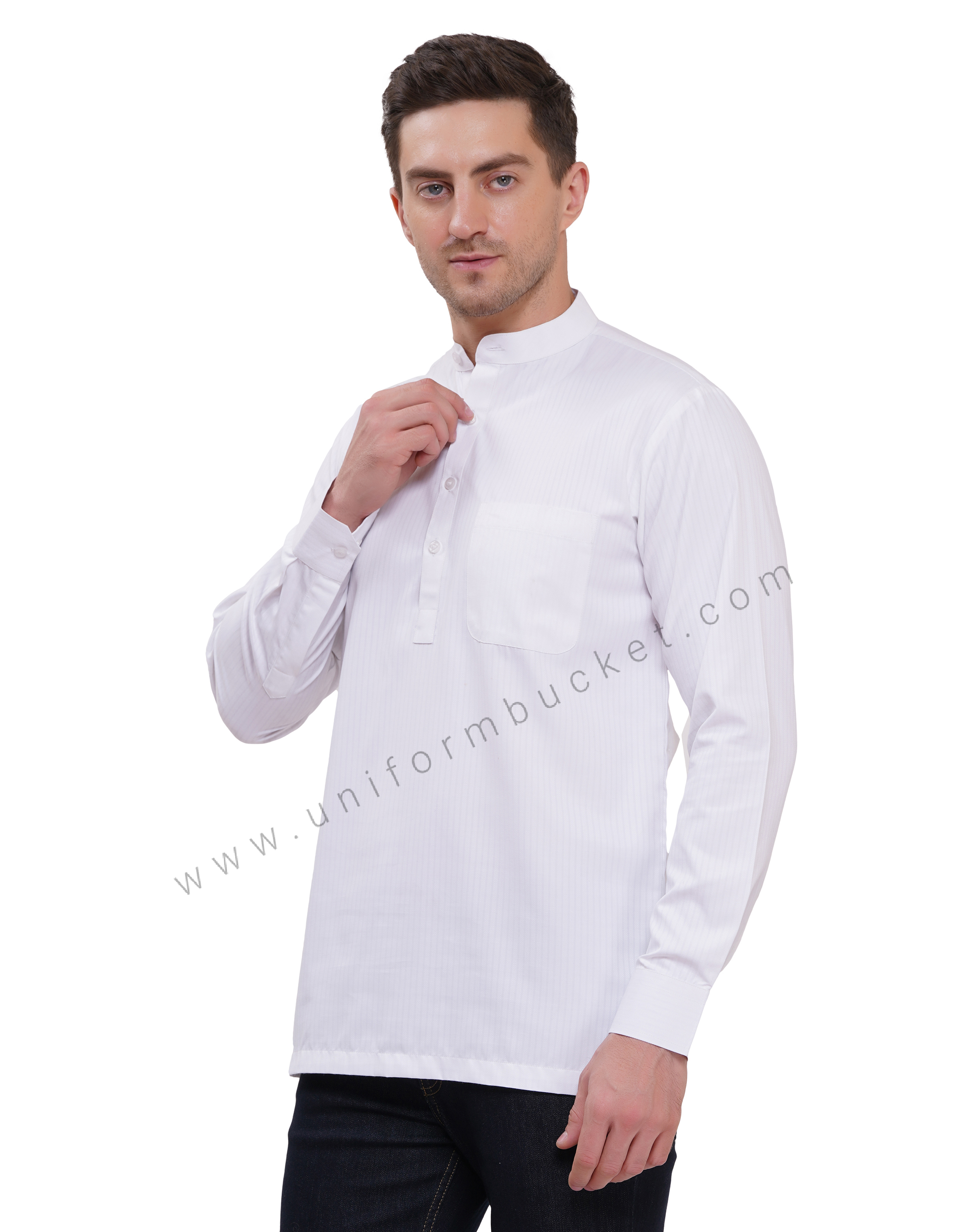 Male White short kurta full sleeve with cuff &  chinese collar