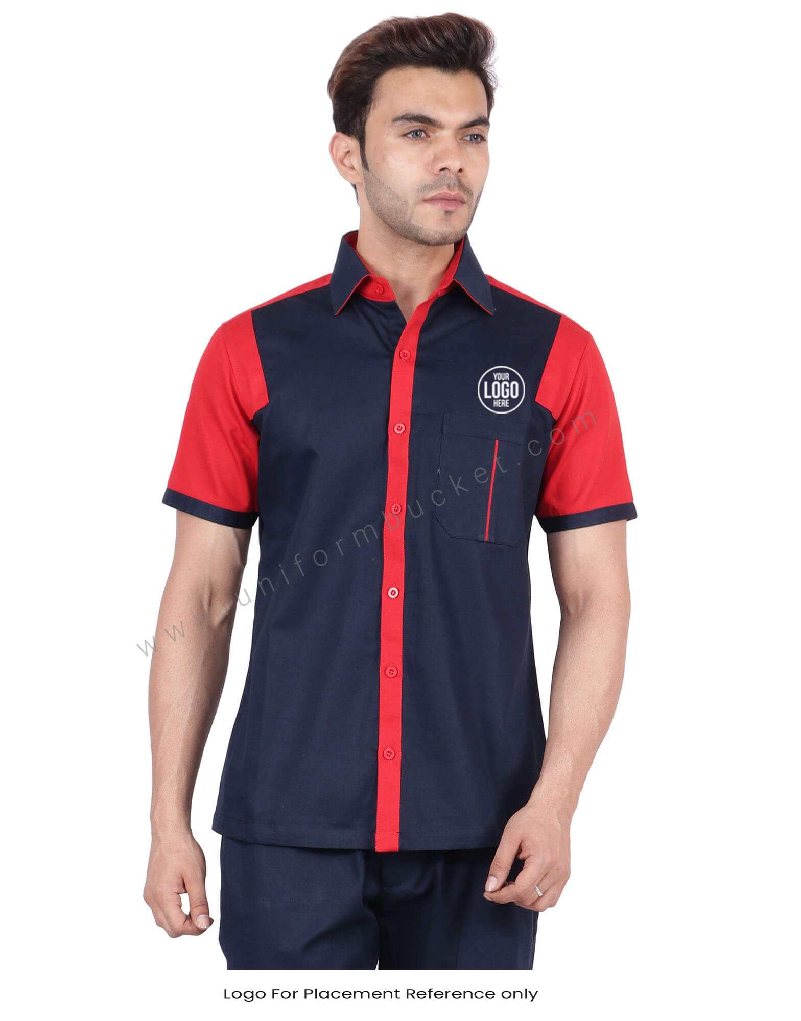 navy blue and red shirt