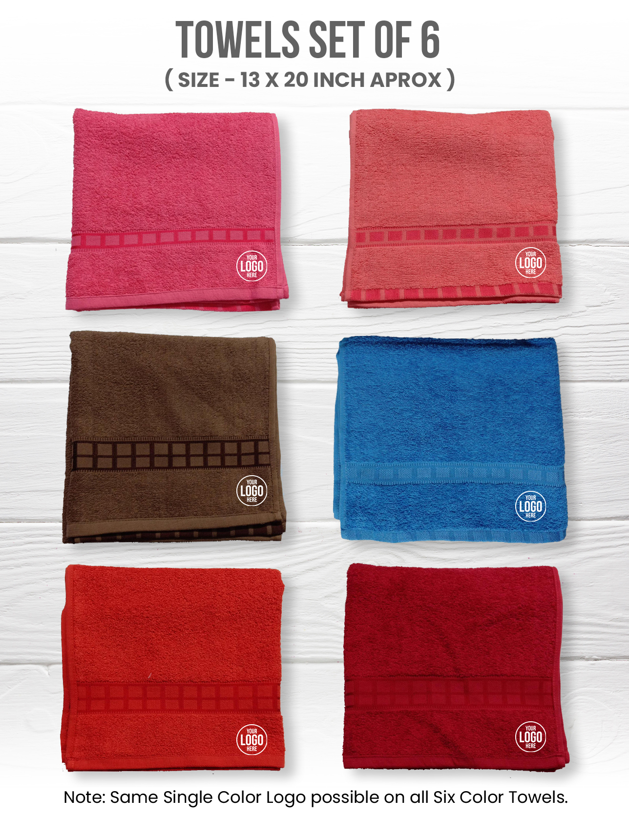 Multicolor Towel Pack of 6 Pcs  - 13 x 20 Inch (Approx)