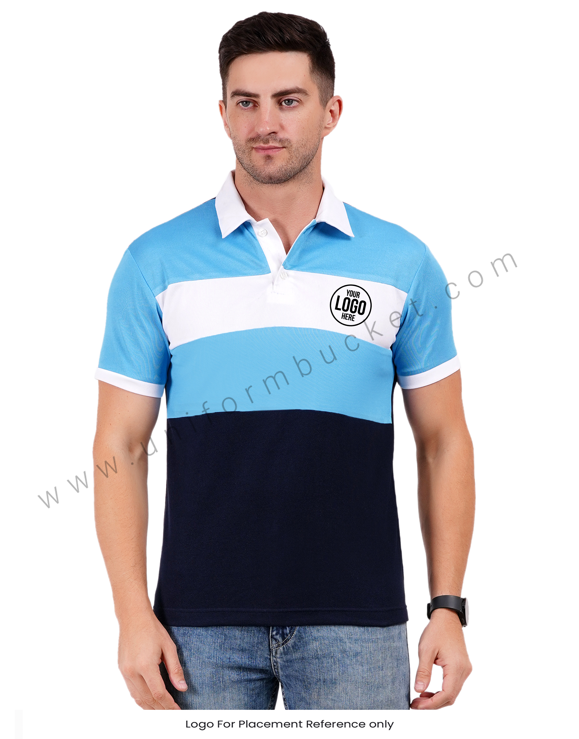 Navy blue polo with light blue and white color blocking