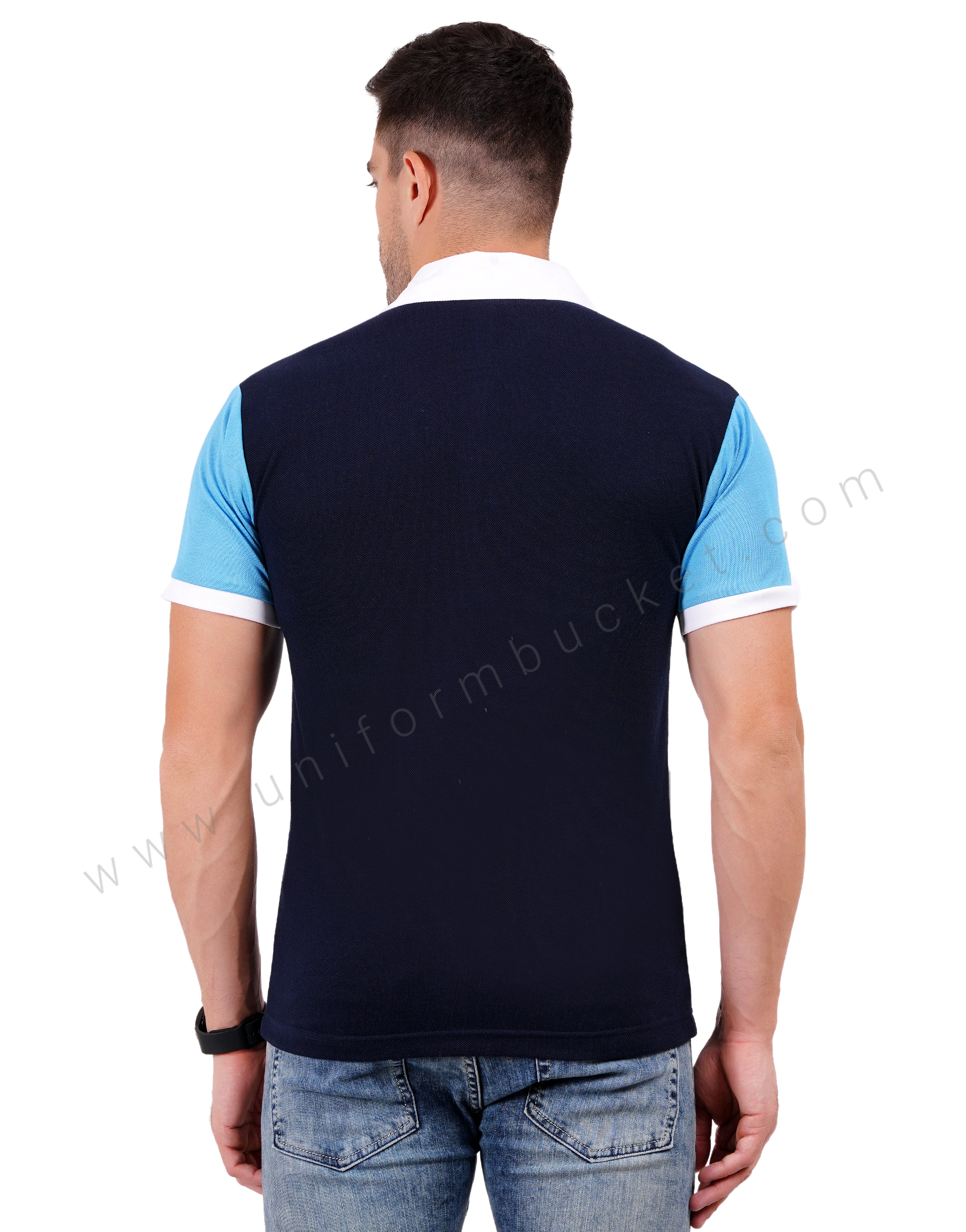 Navy blue polo with light blue and white color blocking