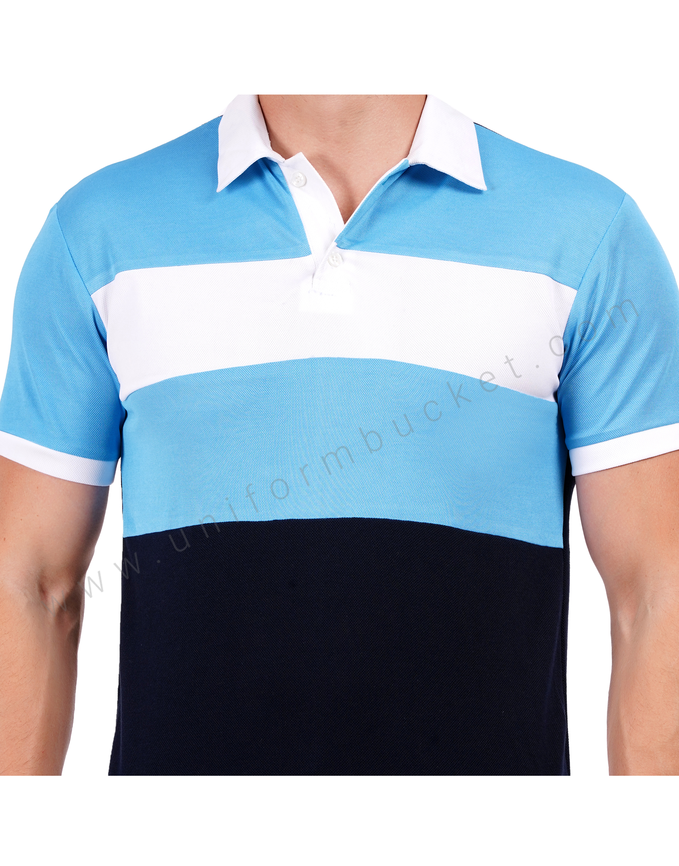 Navy blue polo with light blue and white color blocking