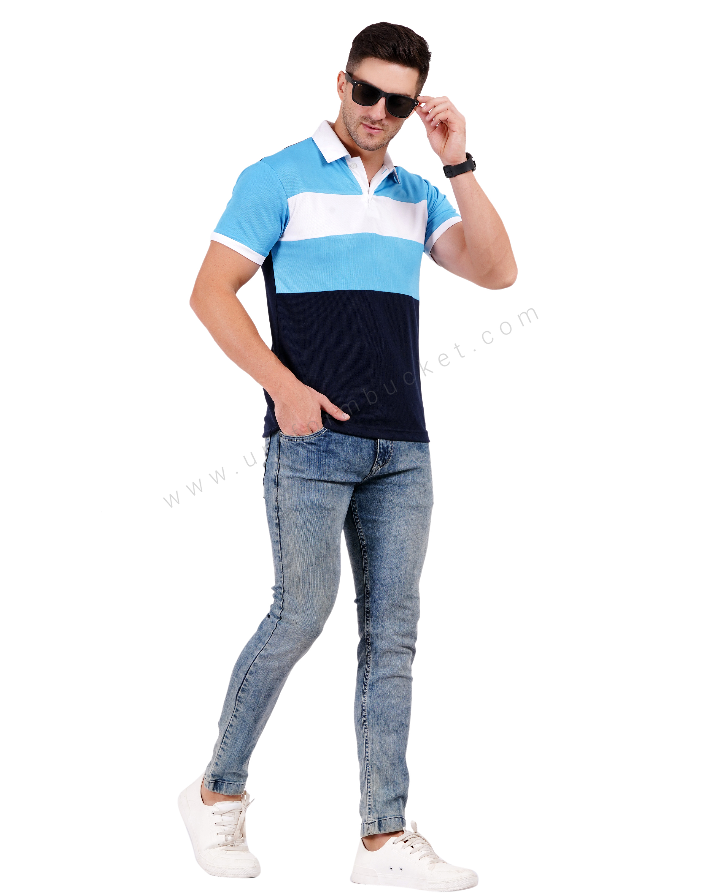 Navy blue polo with light blue and white color blocking