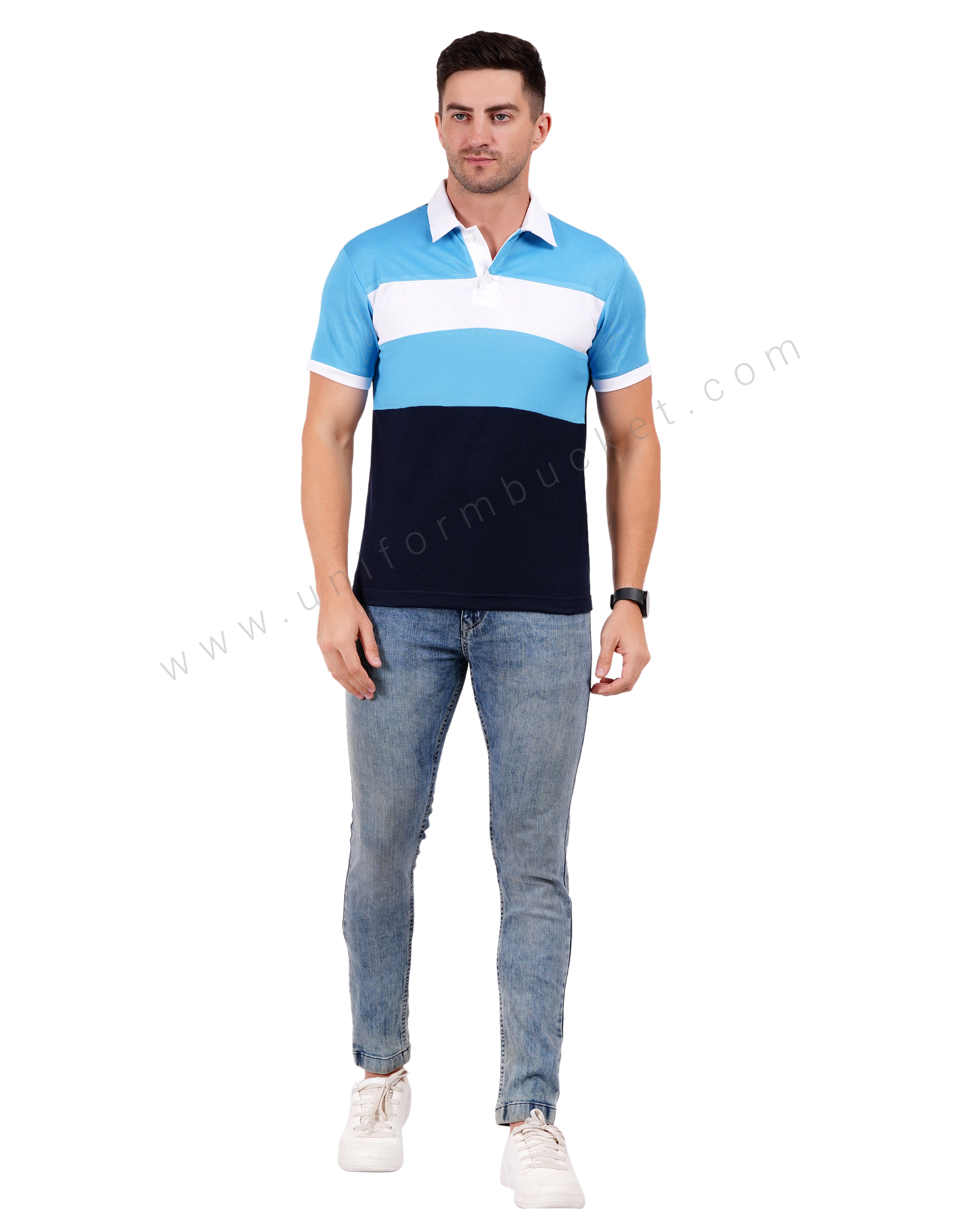 Navy blue polo with light blue and white color blocking